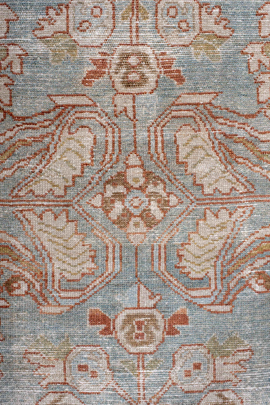 4' x 6' one-of-a-kind handmade antique Lilian small size rug. Color palette: light blue, ivory, rust, taupe, pale gold, sage
