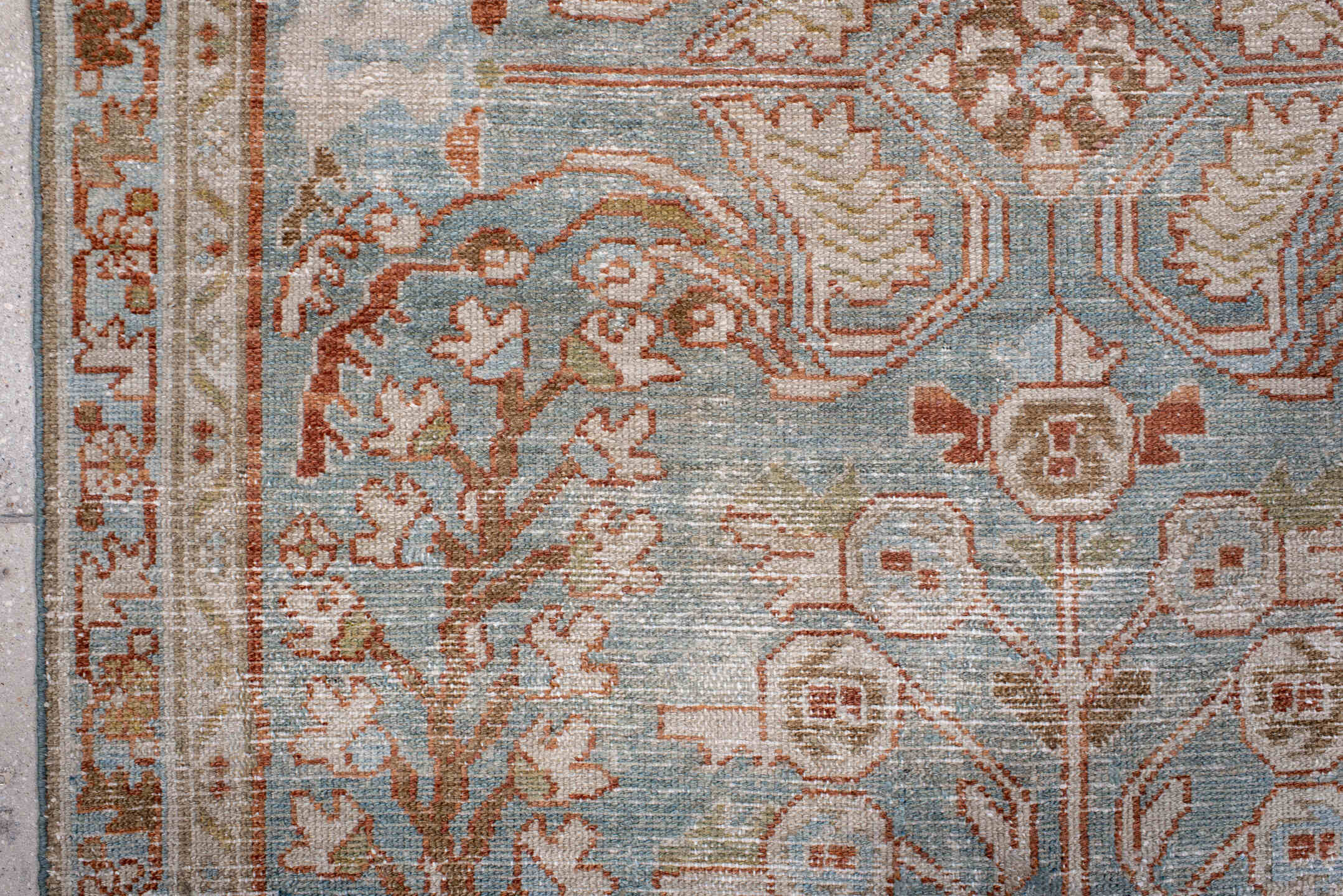 4' x 6' one-of-a-kind handmade antique Lilian small size rug. Color palette: light blue, ivory, rust, taupe, pale gold, sage