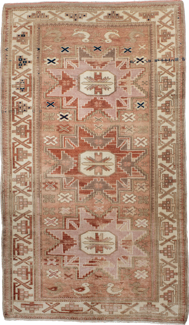 3' x 6' one-of-a-kind handmade vintage Anatolian small size rug. Color palette: brown, light gray, off-white, orange, pink