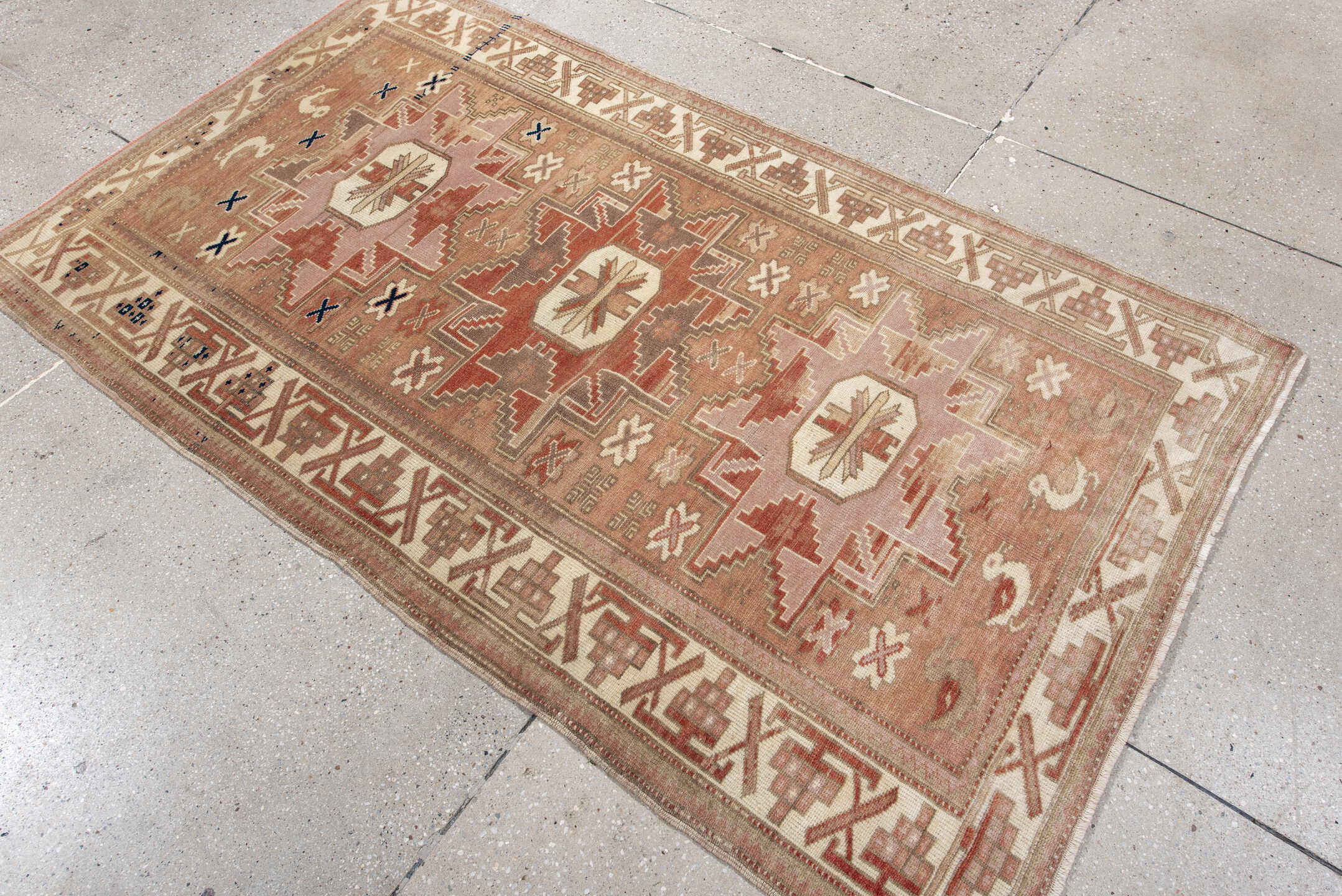 3' x 6' one-of-a-kind handmade vintage Anatolian small size rug. Color palette: brown, light gray, off-white, orange, pink
