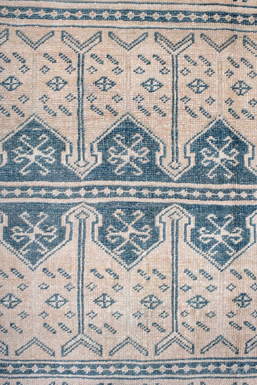 3' x 6' one-of-a-kind handmade antique Anatolian small size rug. Color palette: ivory, indigo, slate, cream, purple, gray