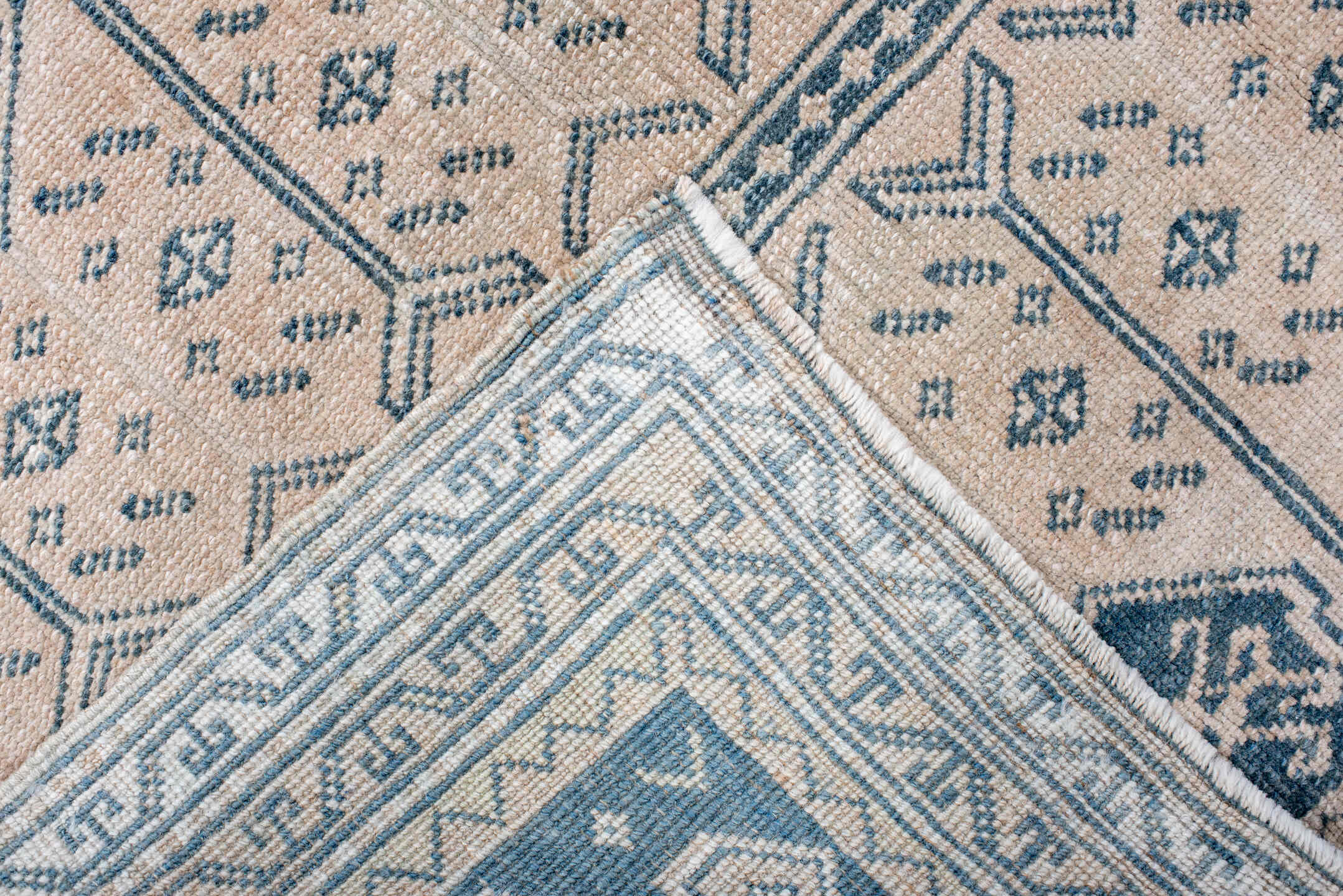 3' x 6' one-of-a-kind handmade vintage Anatol small size rug. Color palette: antiquewhite, arapawa, black, blue, charcoal