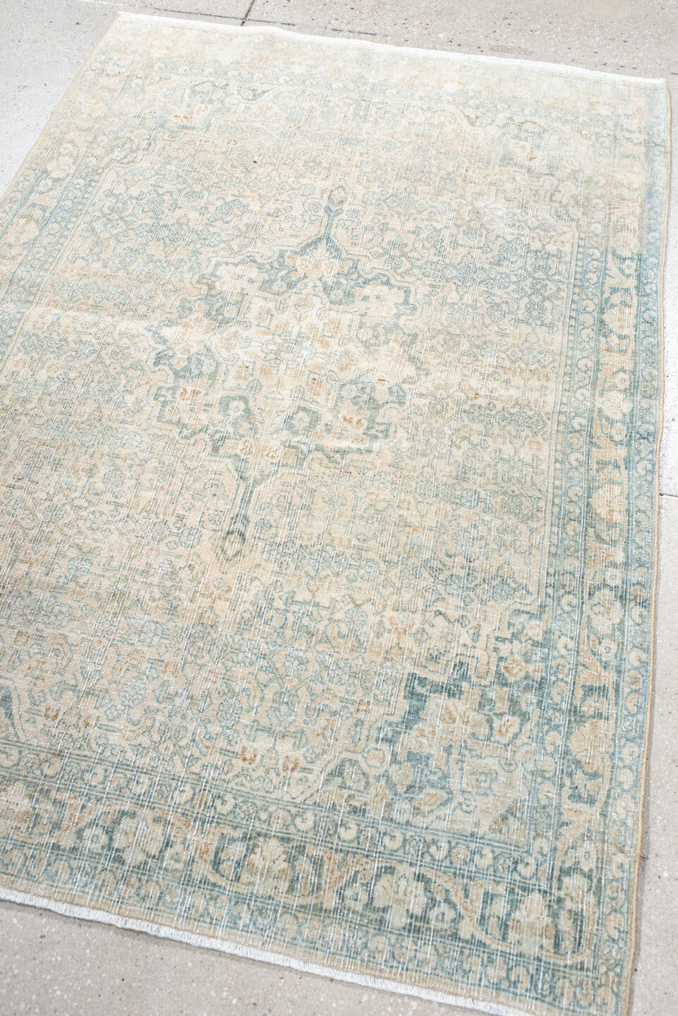 3' x 5' one-of-a-kind handmade antique Bidjar small size rug. Color palette: ivory, pale blue, cream, taupe, sage, beige