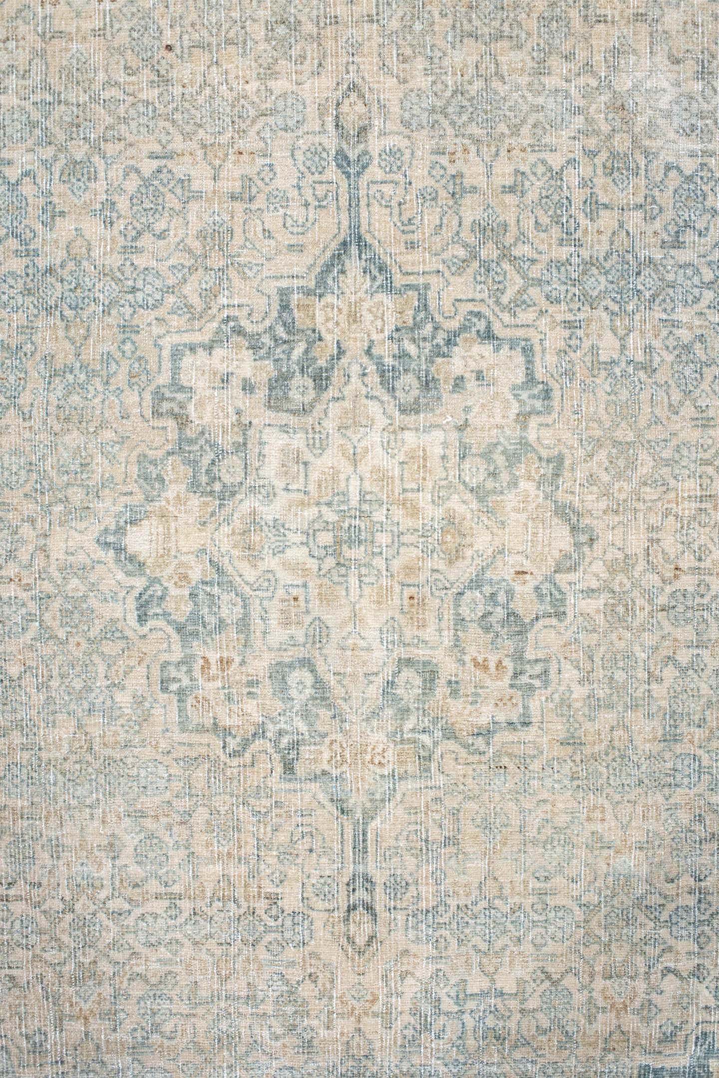3' x 5' one-of-a-kind handmade antique Bidjar small size rug. Color palette: ivory, pale blue, cream, taupe, sage, beige