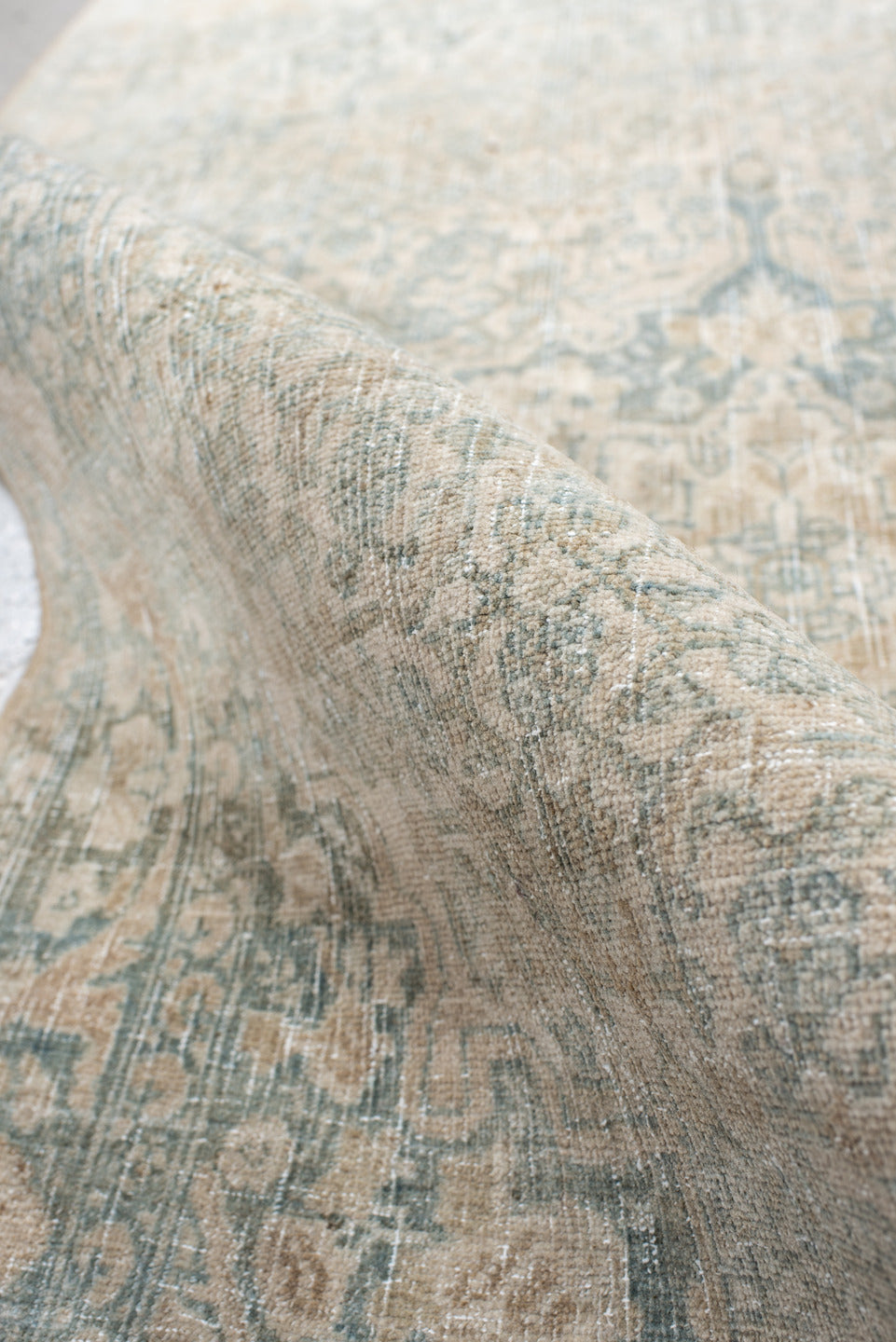 3' x 5' one-of-a-kind handmade antique Bidjar small size rug. Color palette: ivory, pale blue, cream, taupe, sage, beige