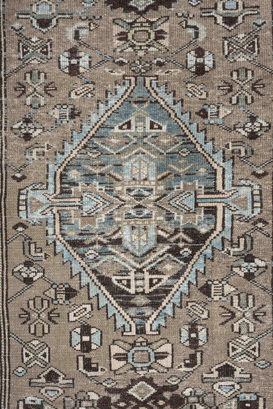 2' x 6' one-of-a-kind handmade antique Hamadan runner rug. Color palette: taupe, powder blue, ivory, charcoal, brown, beige
