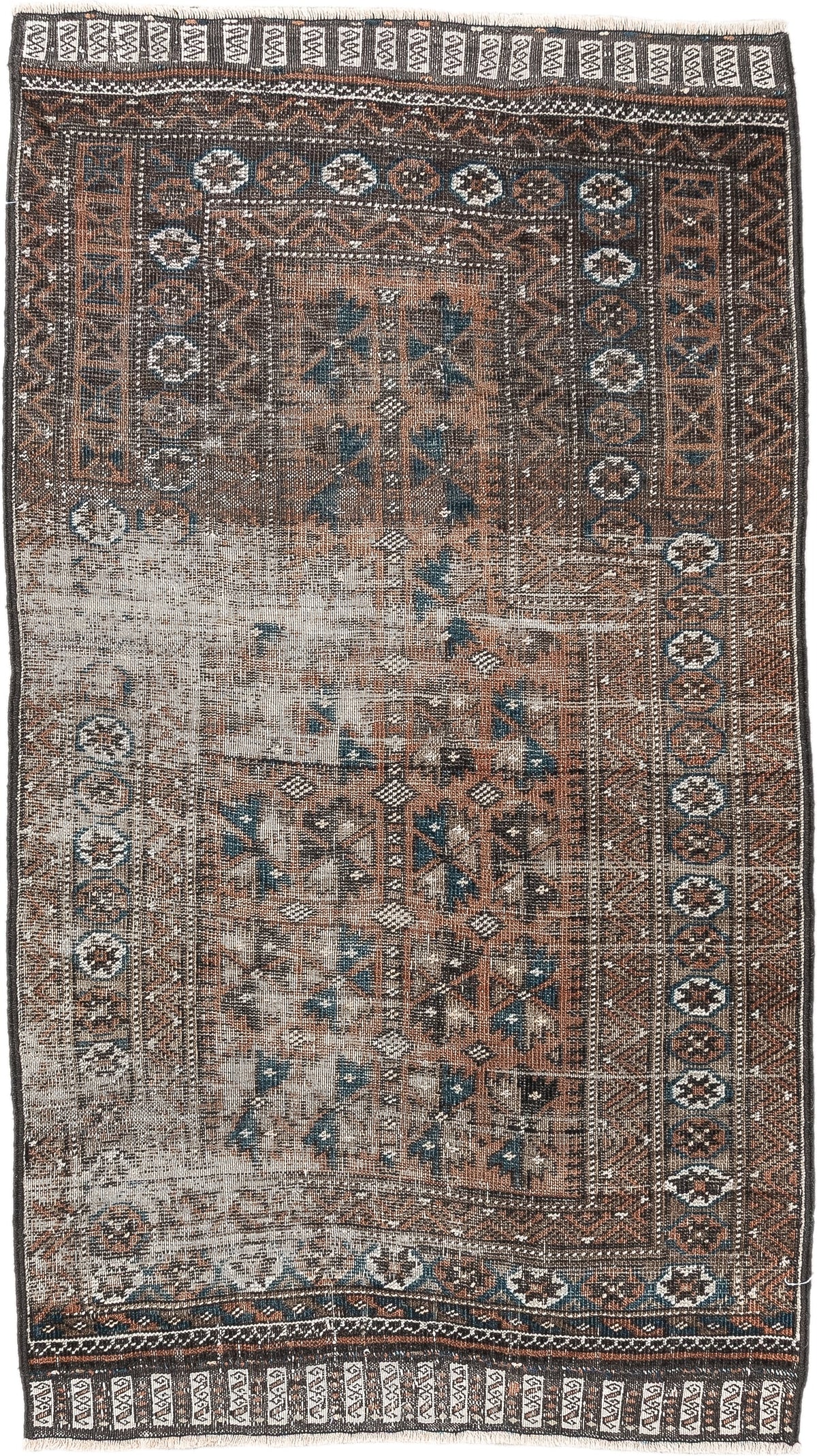 2' x 4' one-of-a-kind handmade antique Belouch small size rug. Color palette: rust, indigo, ivory, charcoal, camel, taupe