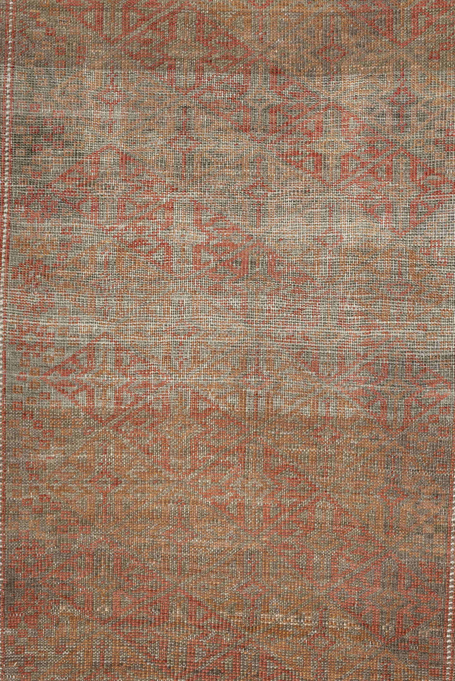 2' x 5' one-of-a-kind handmade antique Belouch small size rug. Color palette: taupe, rust, ivory, camel, brown, charcoal