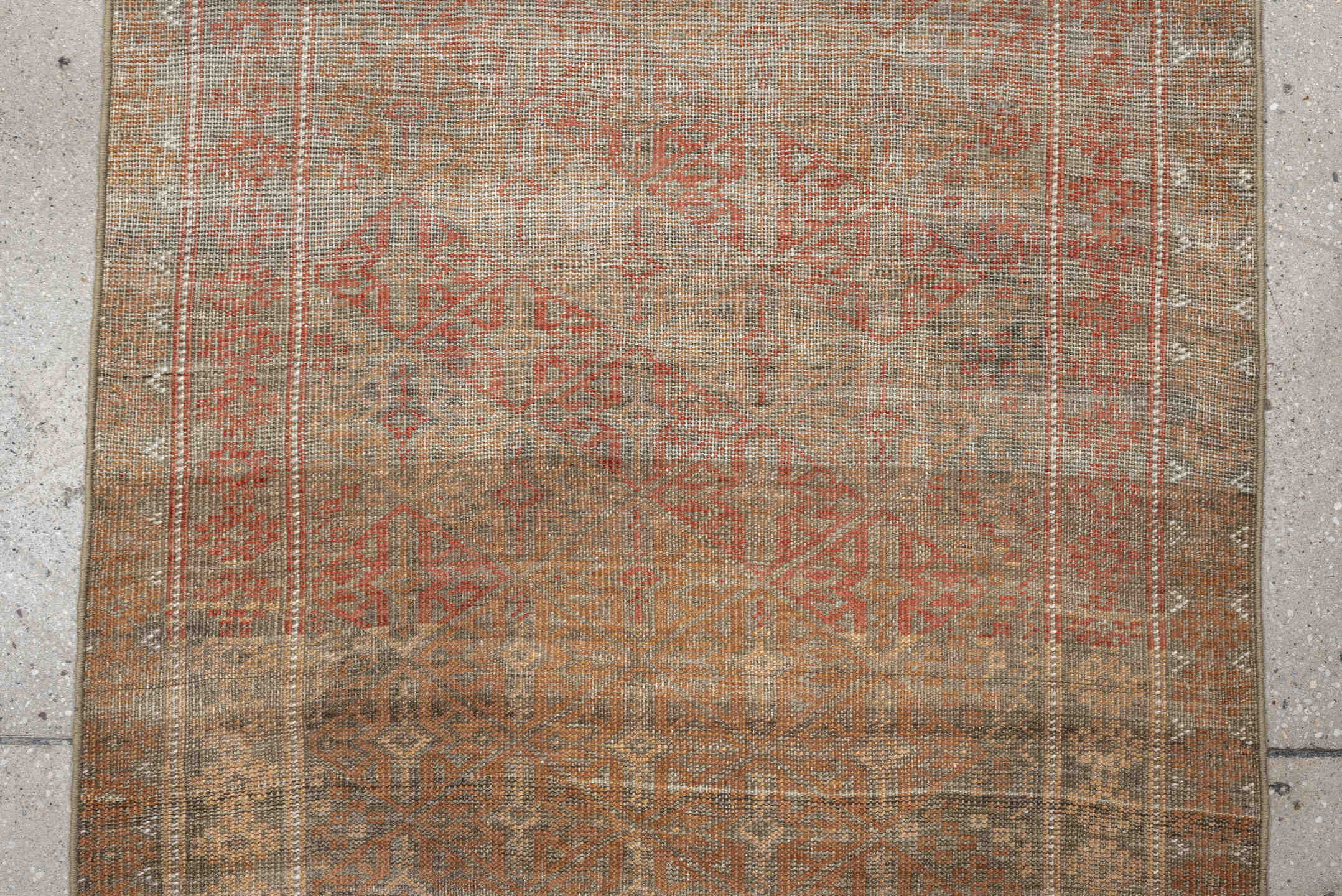 2' x 5' one-of-a-kind handmade antique Belouch small size rug. Color palette: taupe, rust, ivory, camel, brown, charcoal