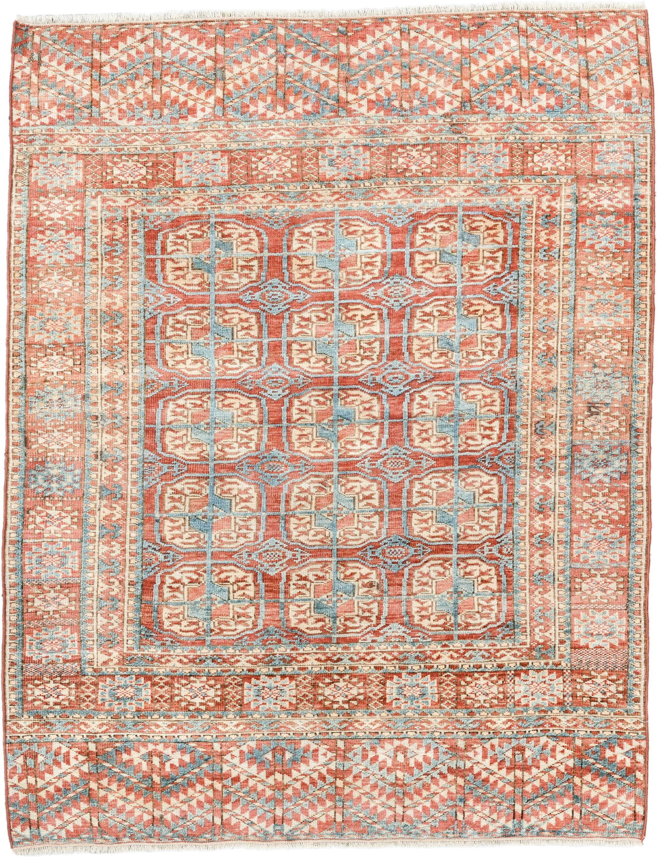 3' x 4' one-of-a-kind handmade antique Bokara small size rug. Color palette: coral, ivory, sky_blue, rust, camel, terracotta