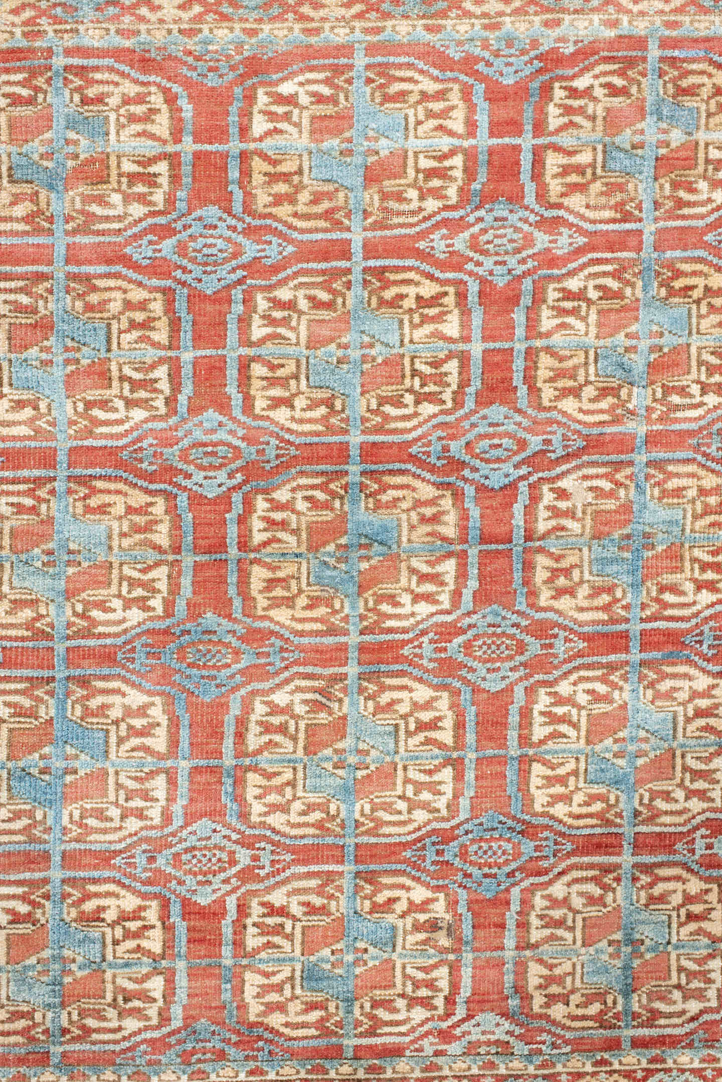 3' x 4' one-of-a-kind handmade antique Bokara small size rug. Color palette: coral, ivory, sky_blue, rust, camel, terracotta