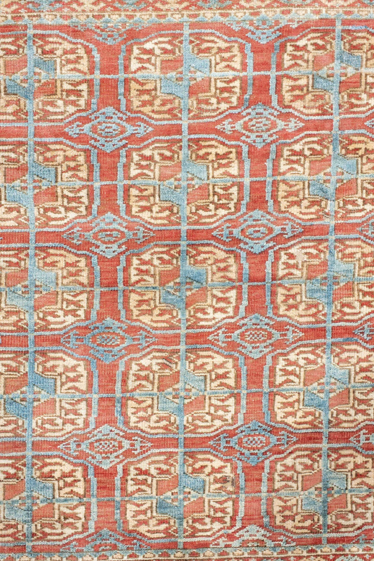 3' x 4' one-of-a-kind handmade antique Bokara small size rug. Color palette: coral, ivory, sky_blue, rust, camel, terracotta