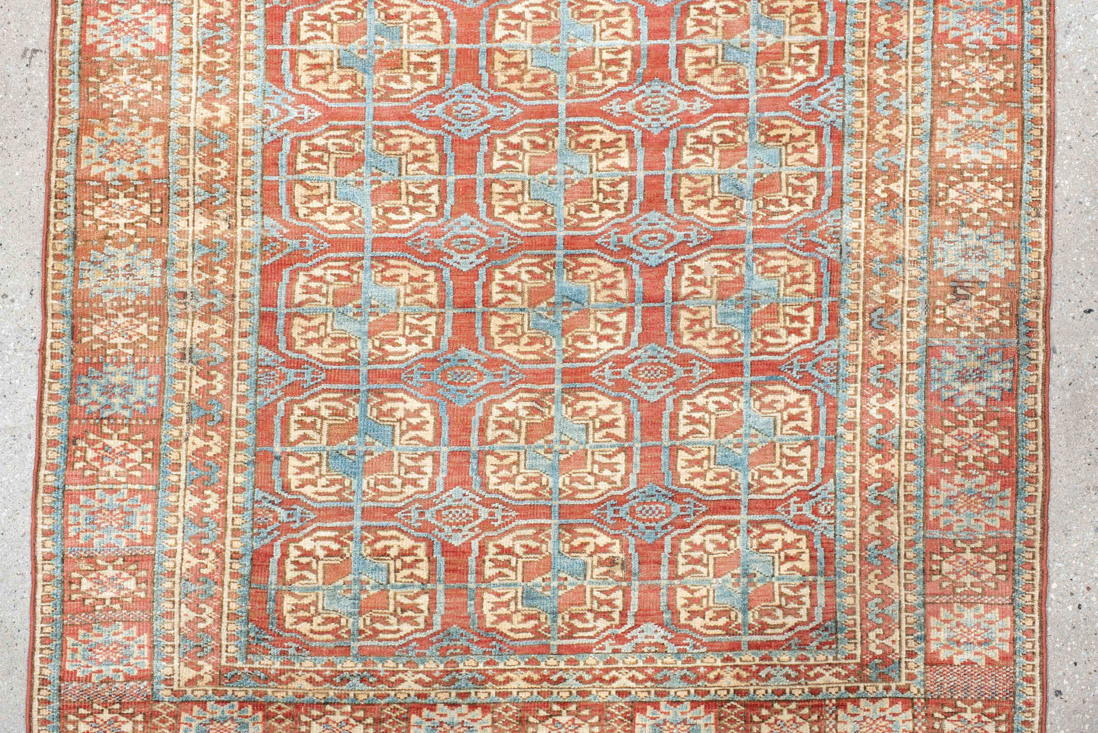 3' x 4' one-of-a-kind handmade antique Bokara small size rug. Color palette: coral, ivory, sky_blue, rust, camel, terracotta