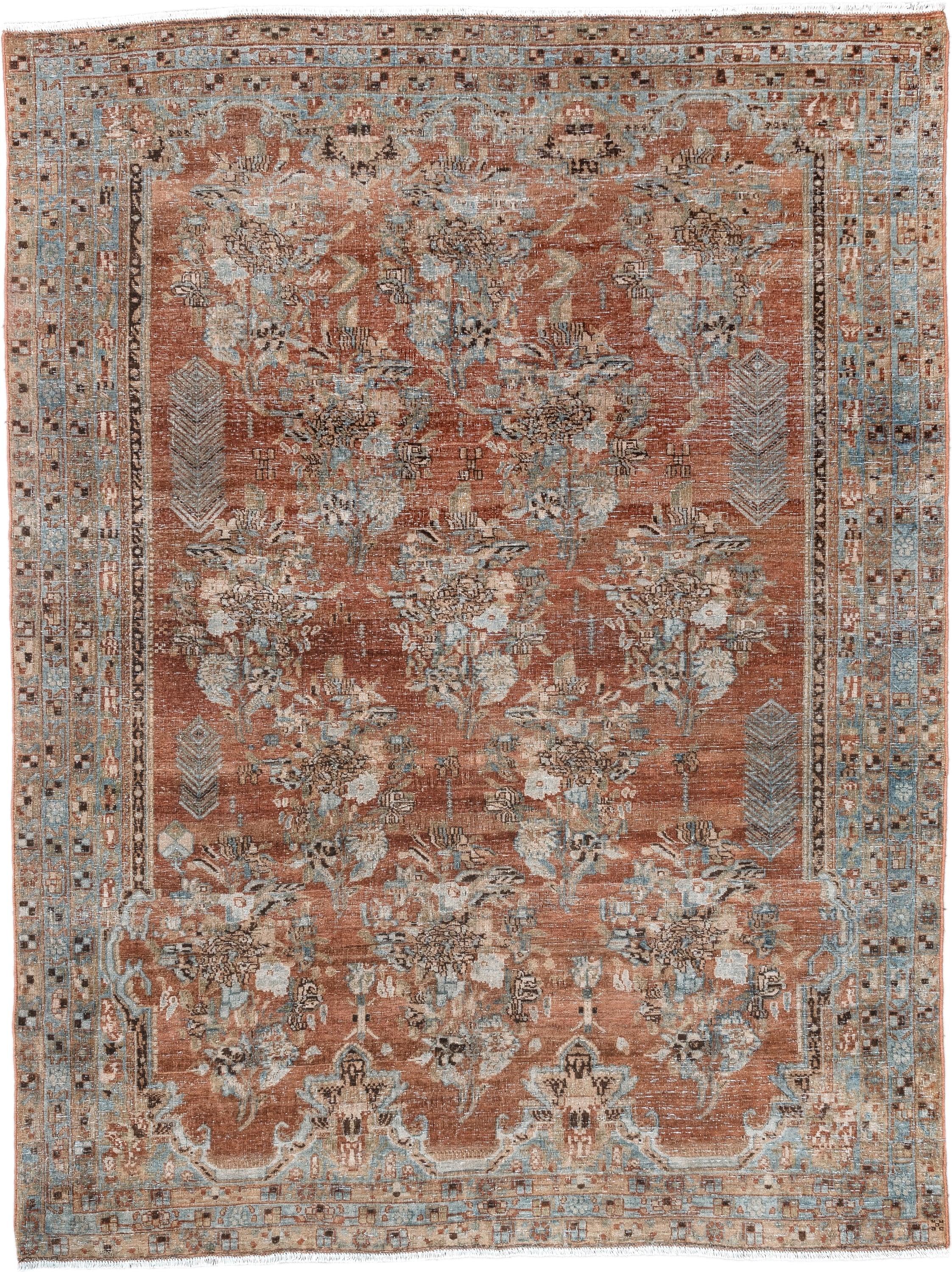 5' x 6' one-of-a-kind handmade vintage Afshar rug. Color palette: terra cotta, sky blue, ivory, taupe, brown, charcoal