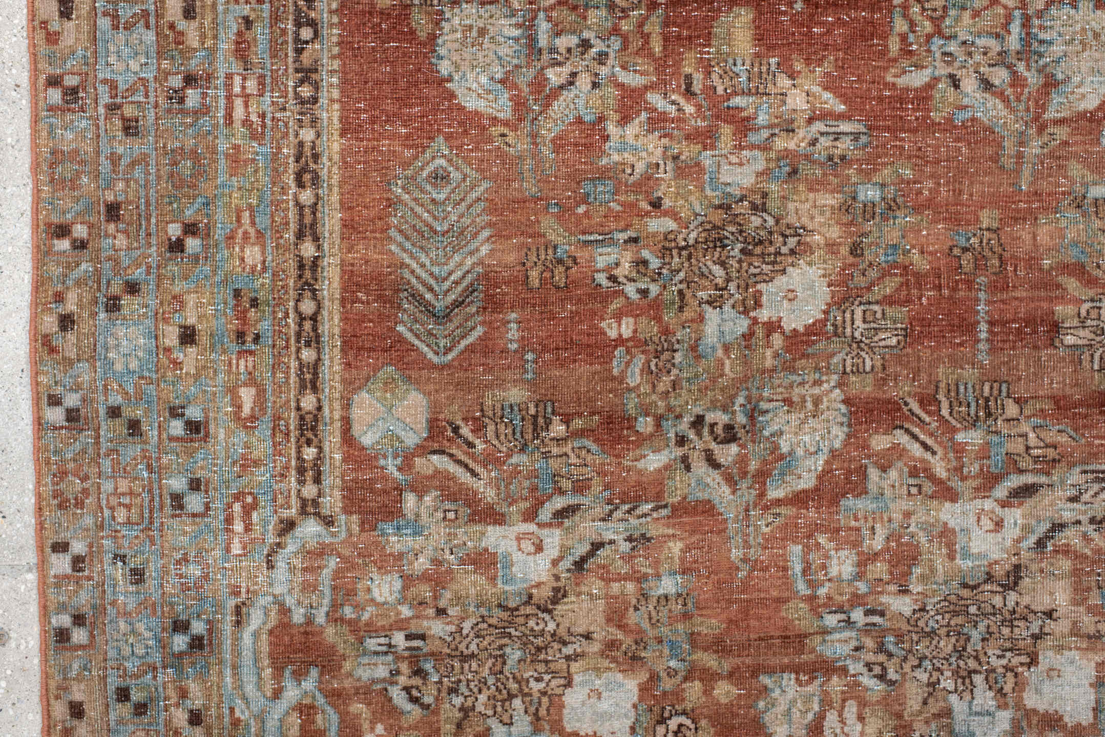 5' x 6' one-of-a-kind handmade vintage Afshar rug. Color palette: terra cotta, sky blue, ivory, taupe, brown, charcoal
