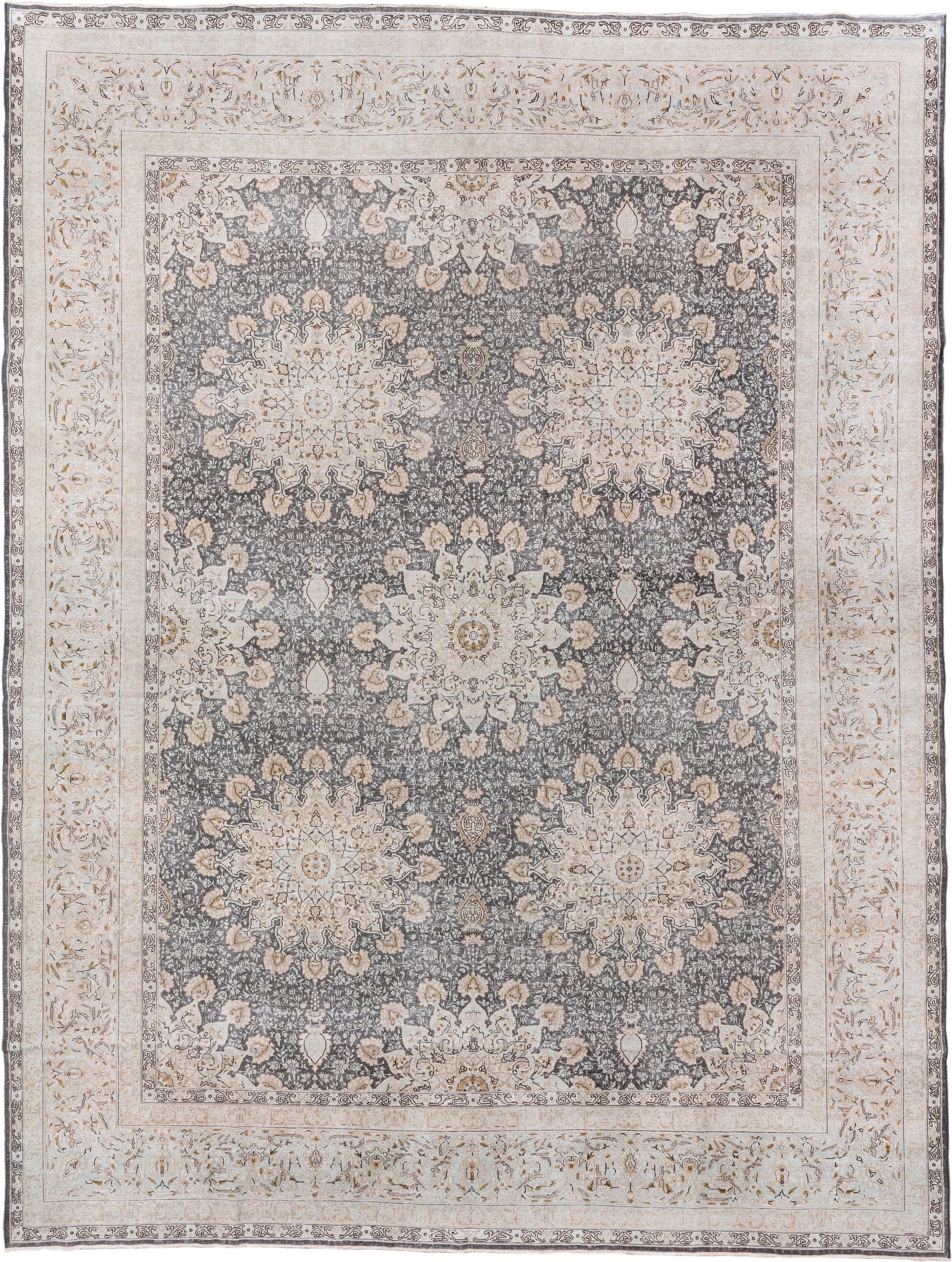 9' x 12' one-of-a-kind handmade vintage Kerman large size rug. Color palette: ivory, gray, taupe, beige, gold, charcoal