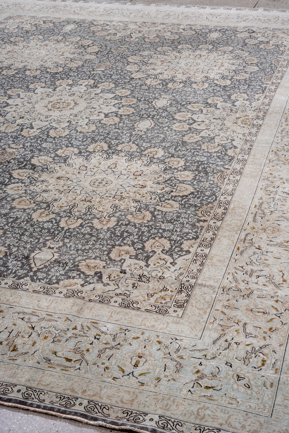 9' x 12' one-of-a-kind handmade vintage Kerman large size rug. Color palette: ivory, gray, taupe, beige, gold, charcoal