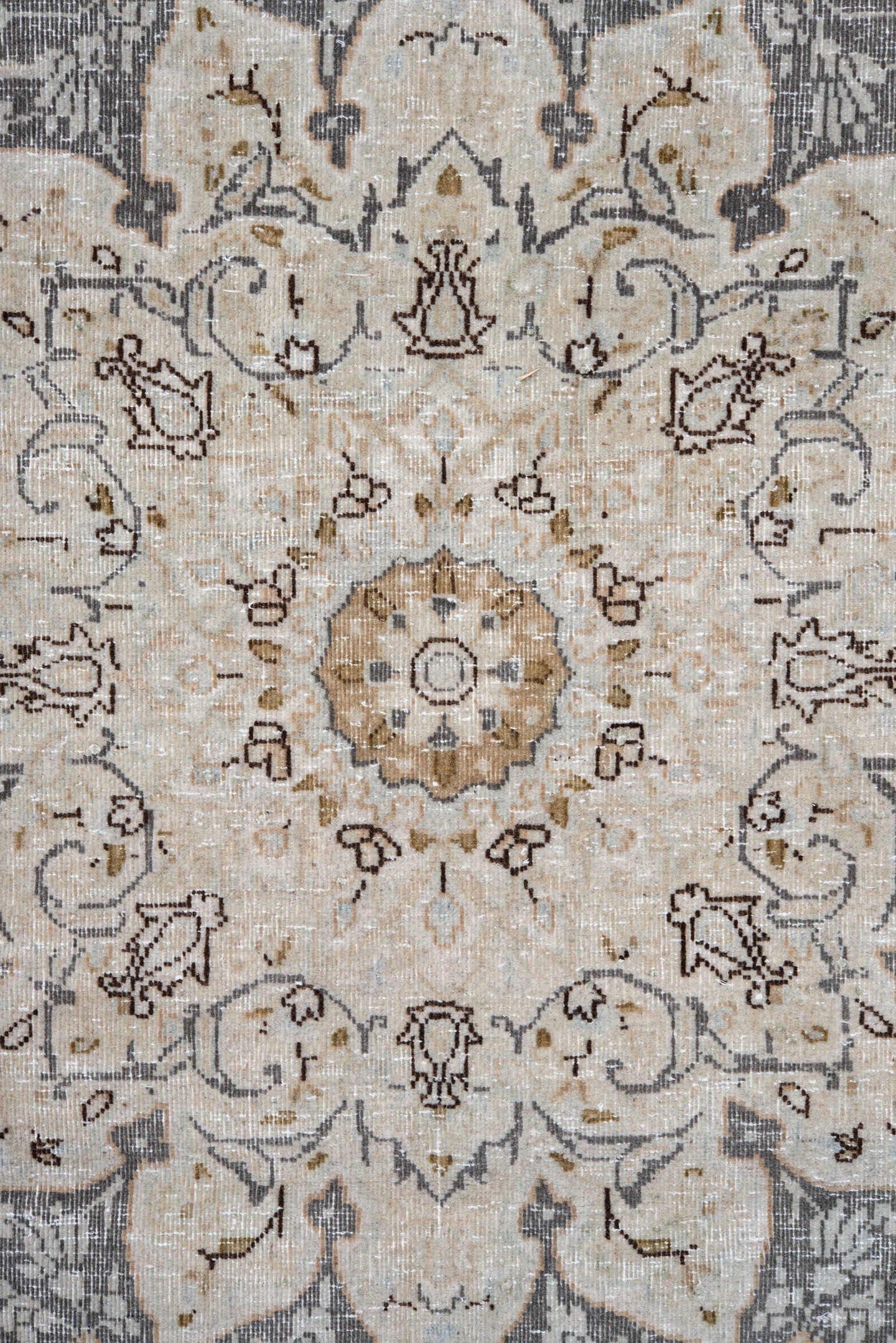 9' x 12' one-of-a-kind handmade vintage Kerman large size rug. Color palette: ivory, gray, taupe, beige, gold, charcoal