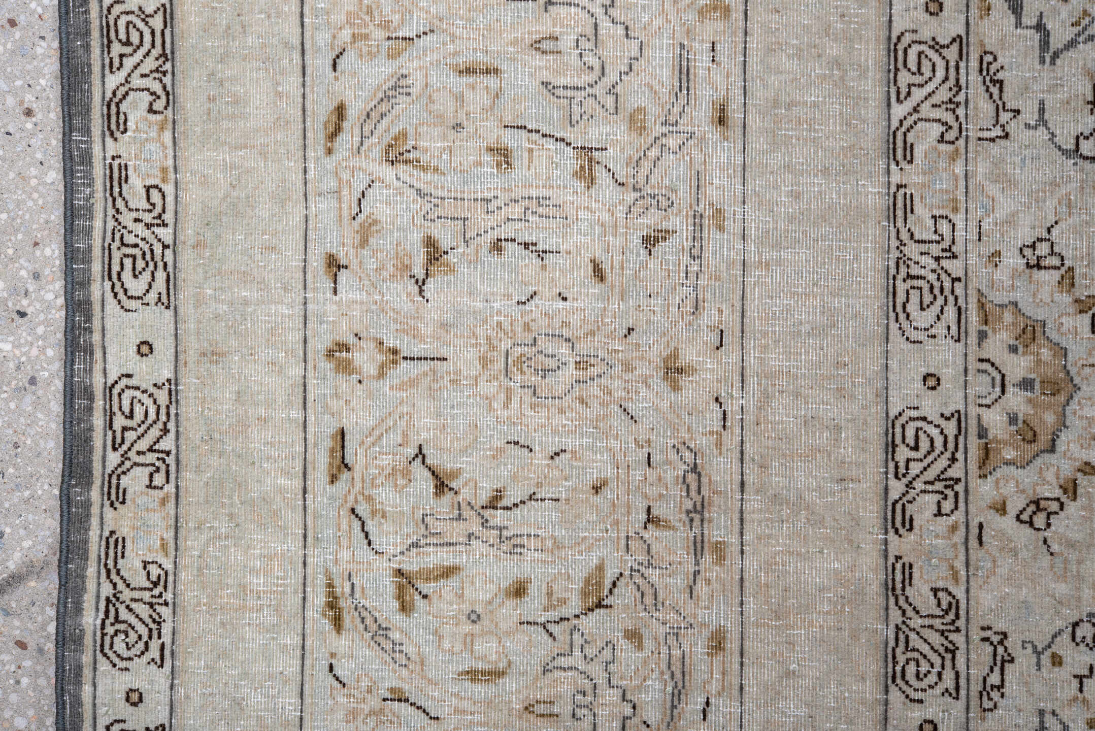 9' x 12' one-of-a-kind handmade vintage Kerman large size rug. Color palette: ivory, gray, taupe, beige, gold, charcoal