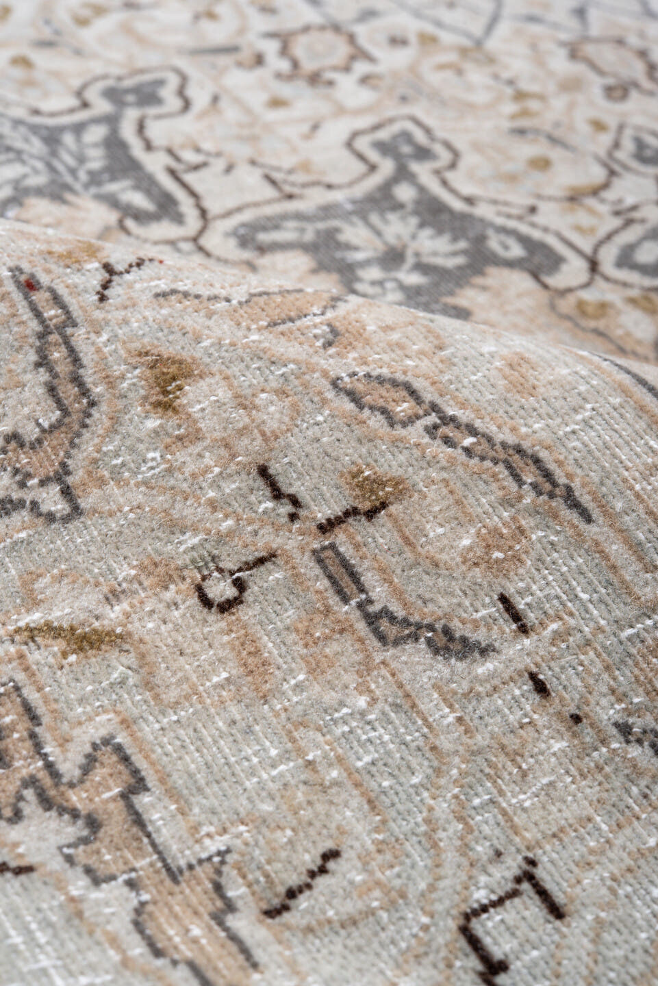 9' x 12' one-of-a-kind handmade vintage Kerman large size rug. Color palette: ivory, gray, taupe, beige, gold, charcoal