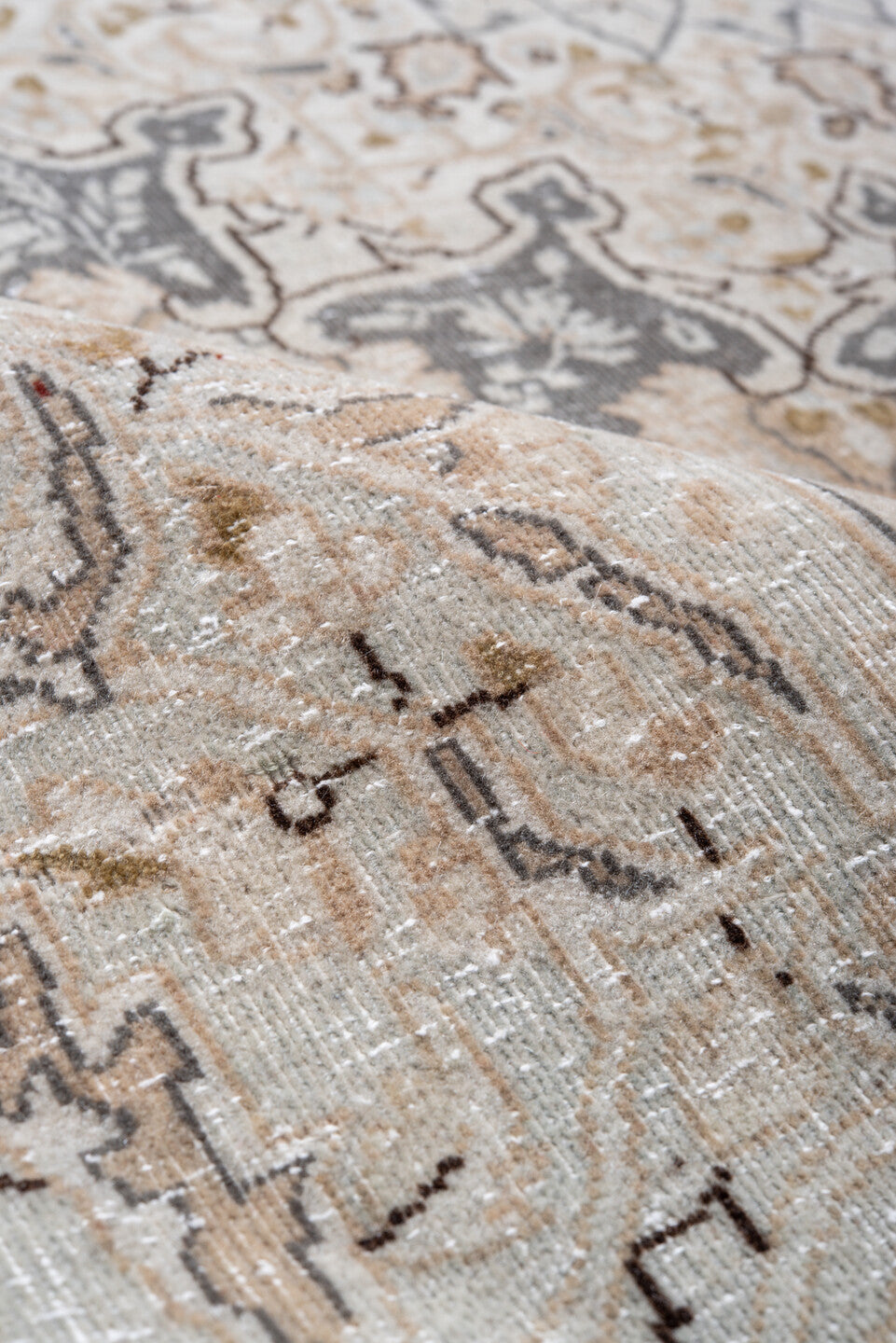 9' x 12' one-of-a-kind handmade vintage Kerman large size rug. Color palette: ivory, gray, taupe, beige, gold, charcoal