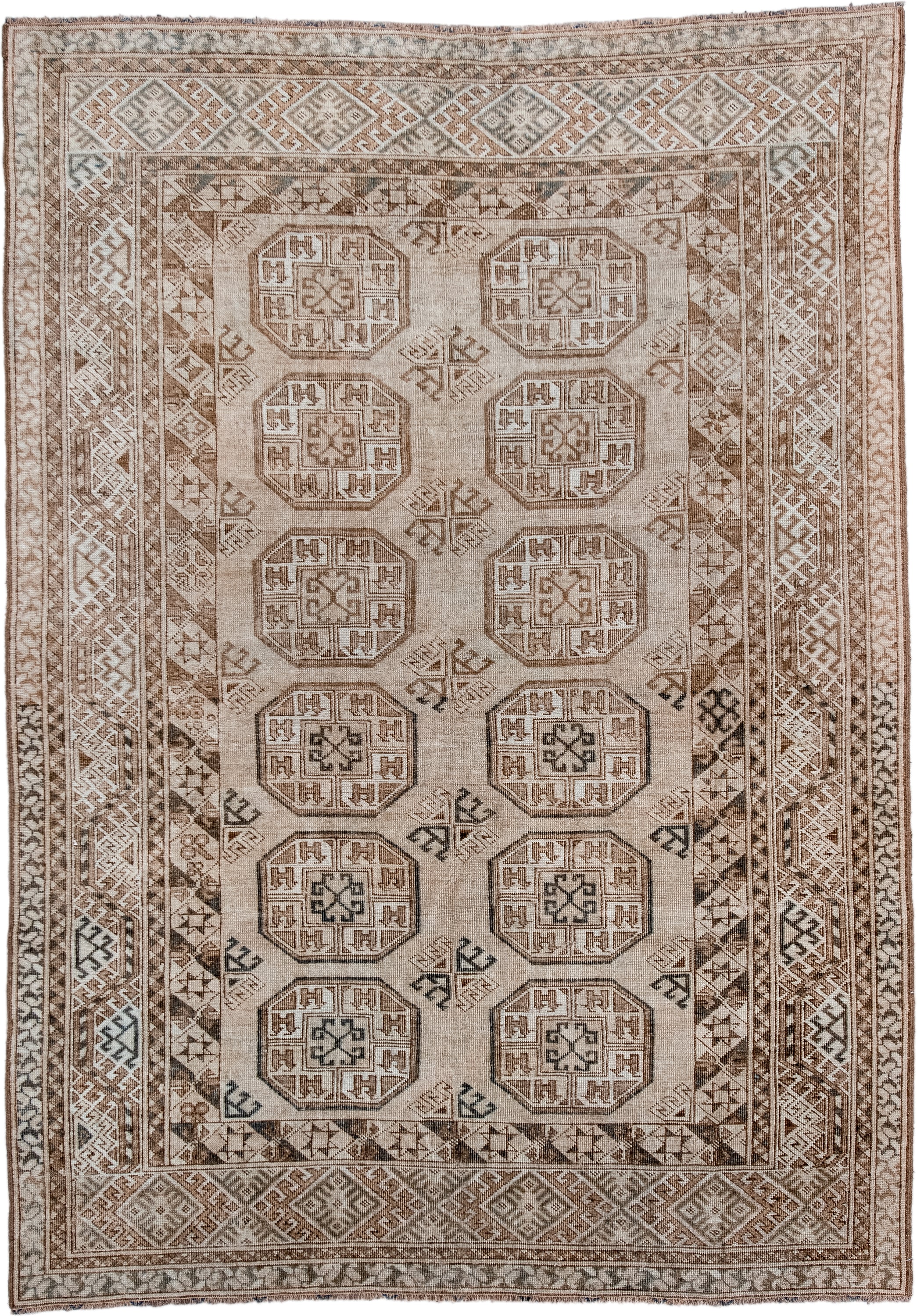 5' x 7' one-of-a-kind handmade antique Afghan rug. Color palette: ivory, taupe, camel, brown, charcoal, beige, gray, black