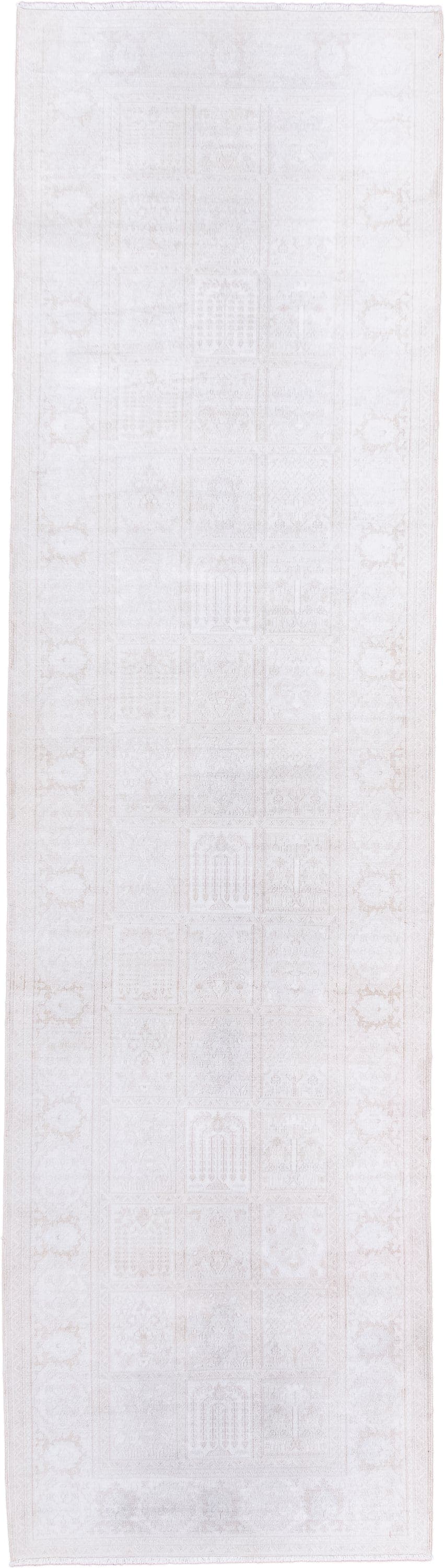 2' x 9' one-of-a-kind handmade antique Kaisary runner rug. Color palette: ivory, cream, taupe, beige, pale blush, gray, pink