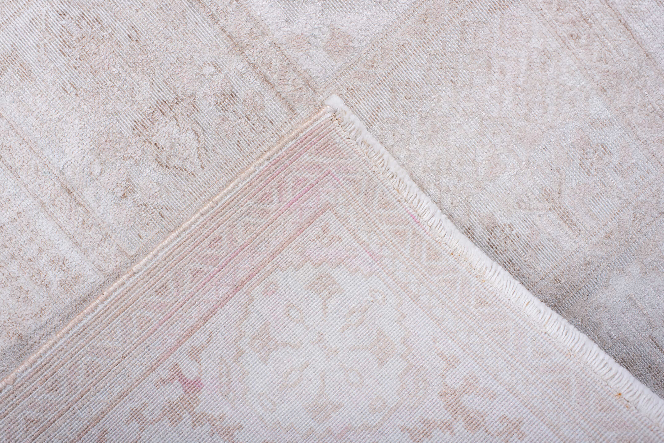 2' x 9' one-of-a-kind handmade antique Kaisary runner rug. Color palette: ivory, cream, taupe, beige, pale blush, gray, pink