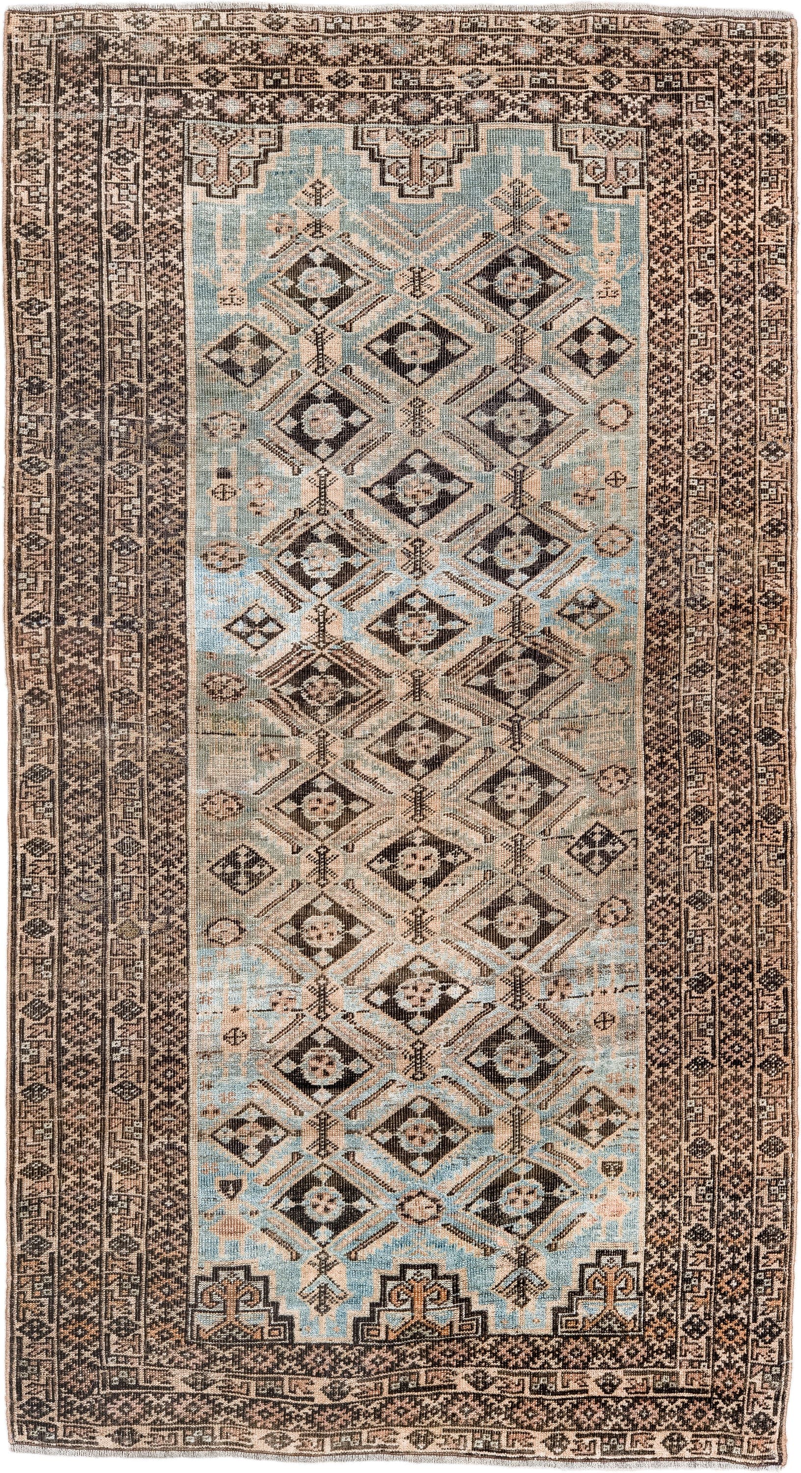 3' x 5' one-of-a-kind handmade antique Belouch small size rug. Color palette: sky blue, ivory, charcoal, taupe, camel, brown