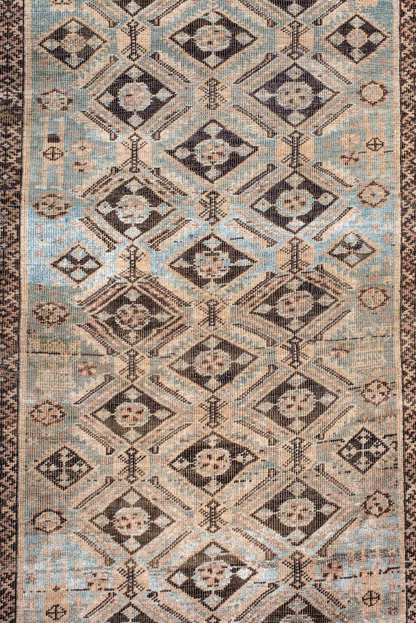 3' x 5' one-of-a-kind handmade antique Belouch small size rug. Color palette: sky blue, ivory, charcoal, taupe, camel, brown