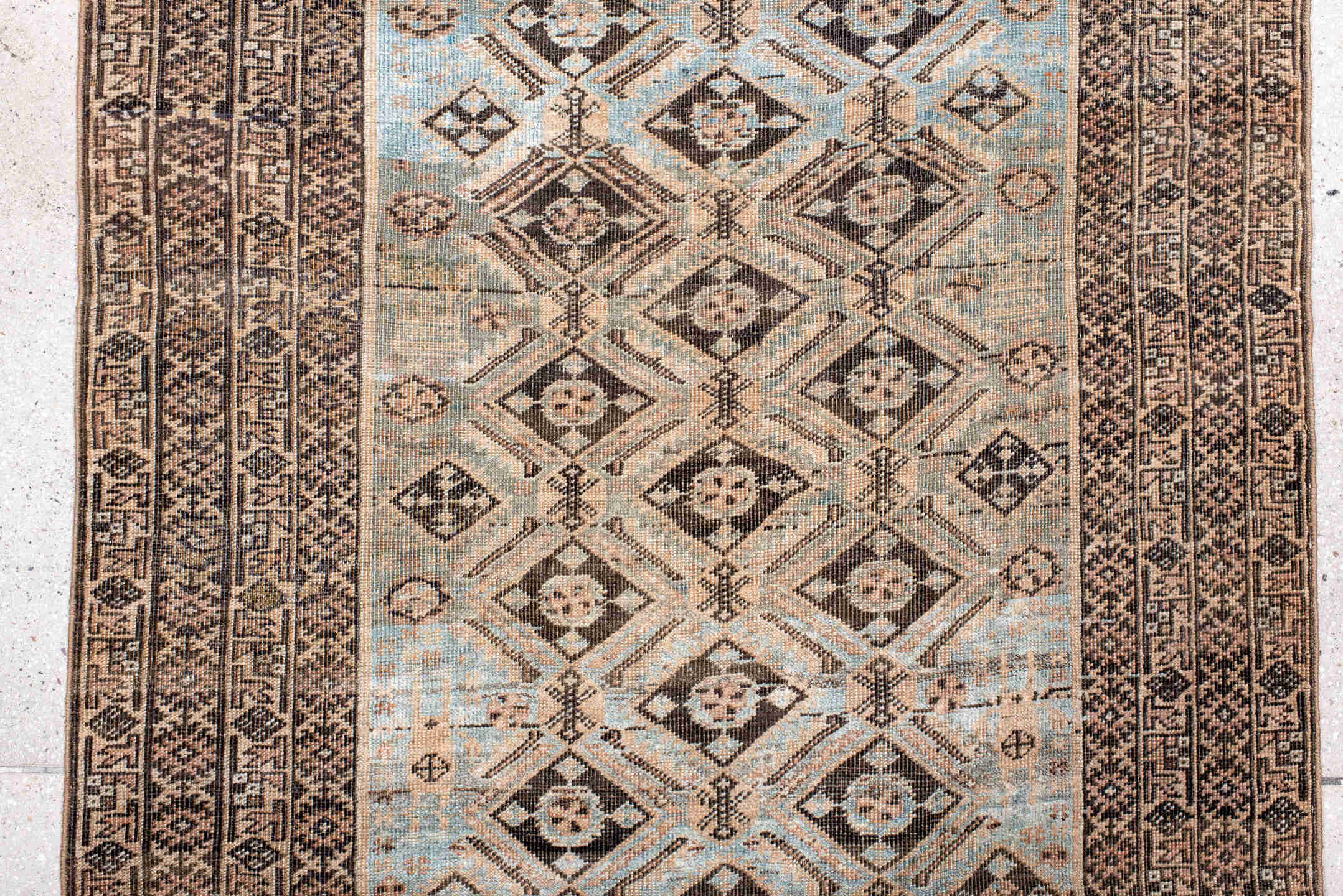 3' x 5' one-of-a-kind handmade antique Belouch small size rug. Color palette: sky blue, ivory, charcoal, taupe, camel, brown