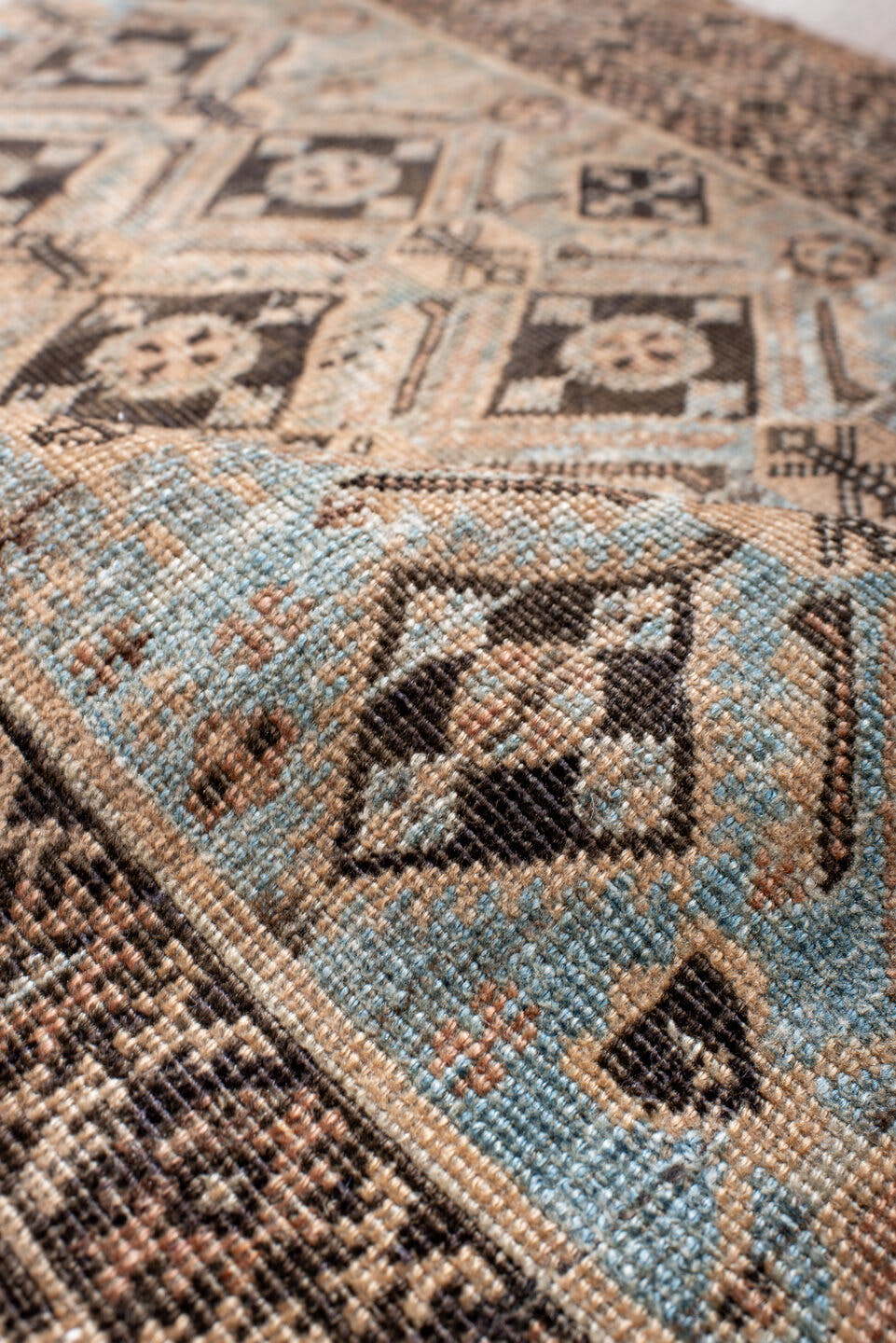 3' x 5' one-of-a-kind handmade antique Belouch small size rug. Color palette: sky blue, ivory, charcoal, taupe, camel, brown