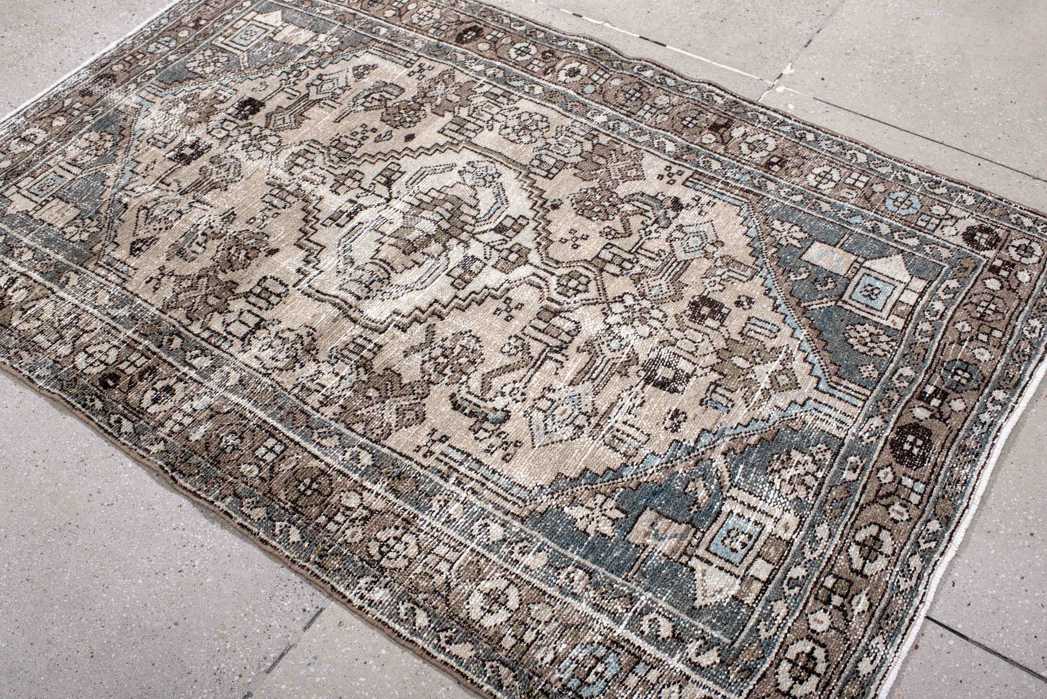 4' x 6' one-of-a-kind handmade antique Hamadan small size rug. Color palette: ivory, taupe, brown, slate, charcoal