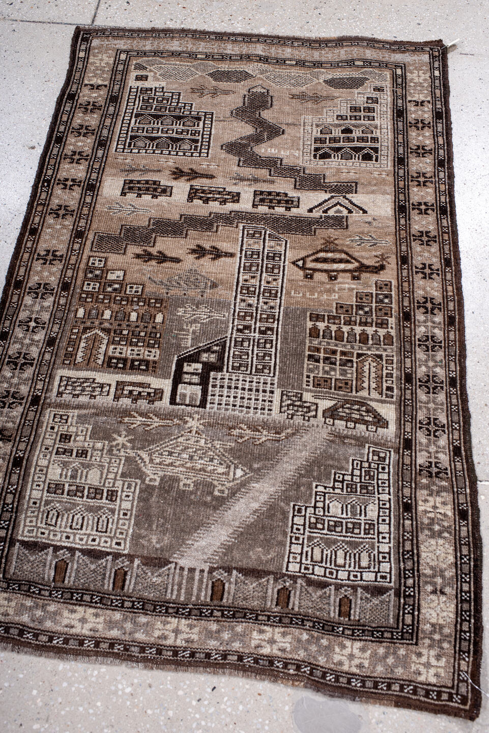 2' x 4' one-of-a-kind handmade vintage Belouch small size rug. Color palette: black, brown, charcoal, gray, light gray