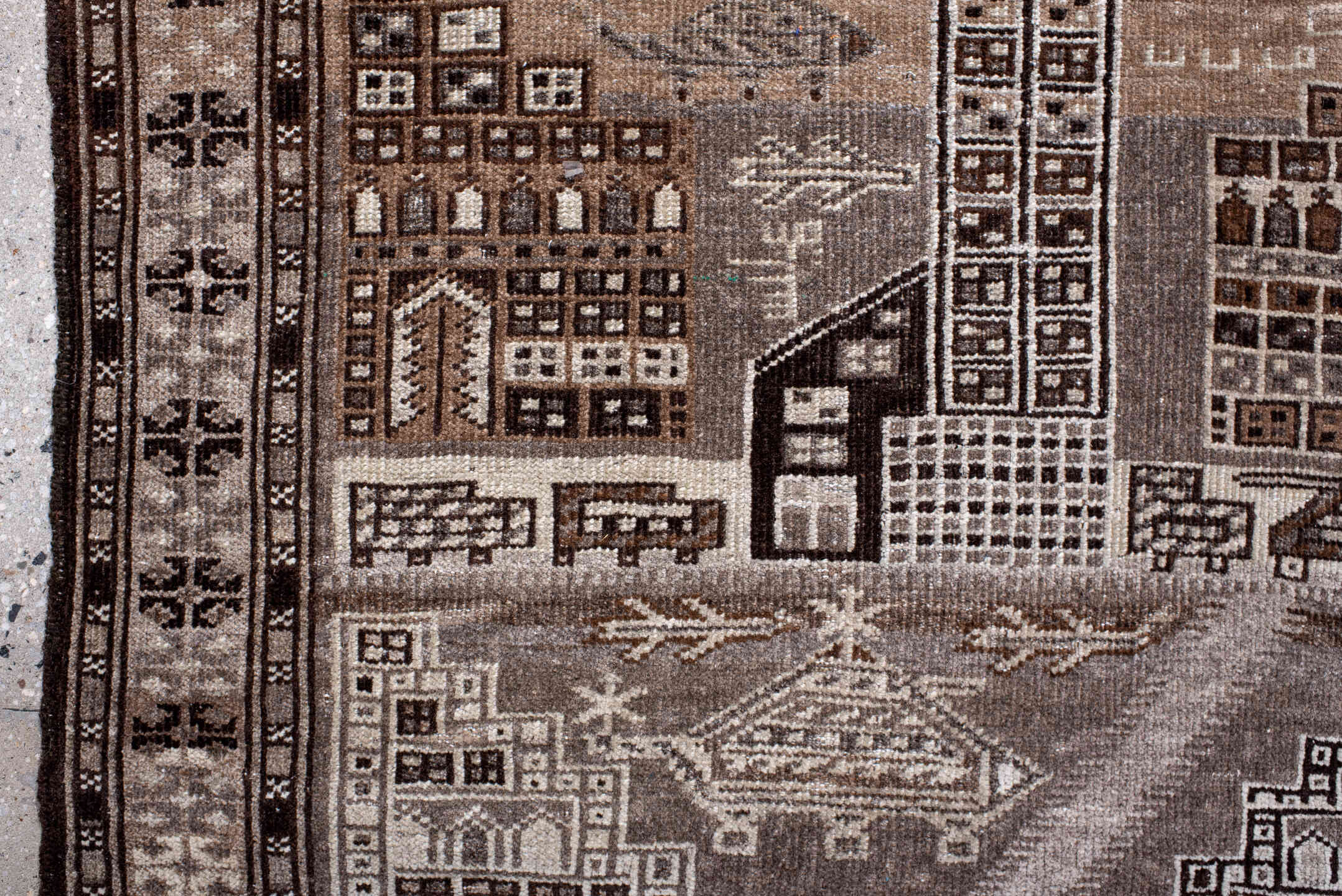 2' x 4' one-of-a-kind handmade vintage Belouch small size rug. Color palette: black, brown, charcoal, gray, light gray