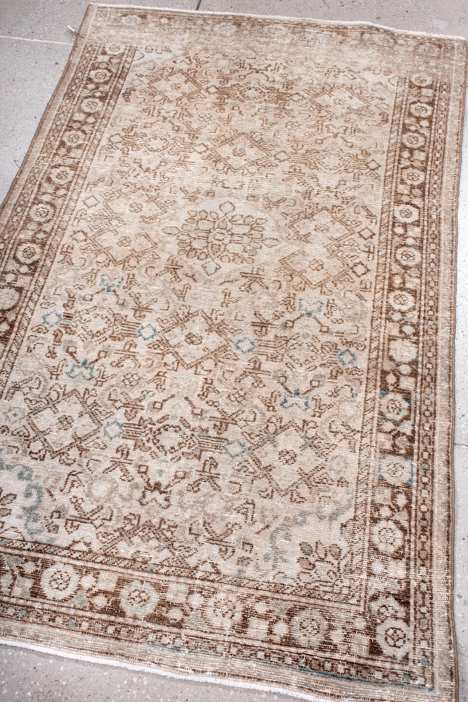 3' x 5' one-of-a-kind handmade antique Malayer small size rug. Color palette: ivory, taupe, camel, beige, pale_aqua, brown