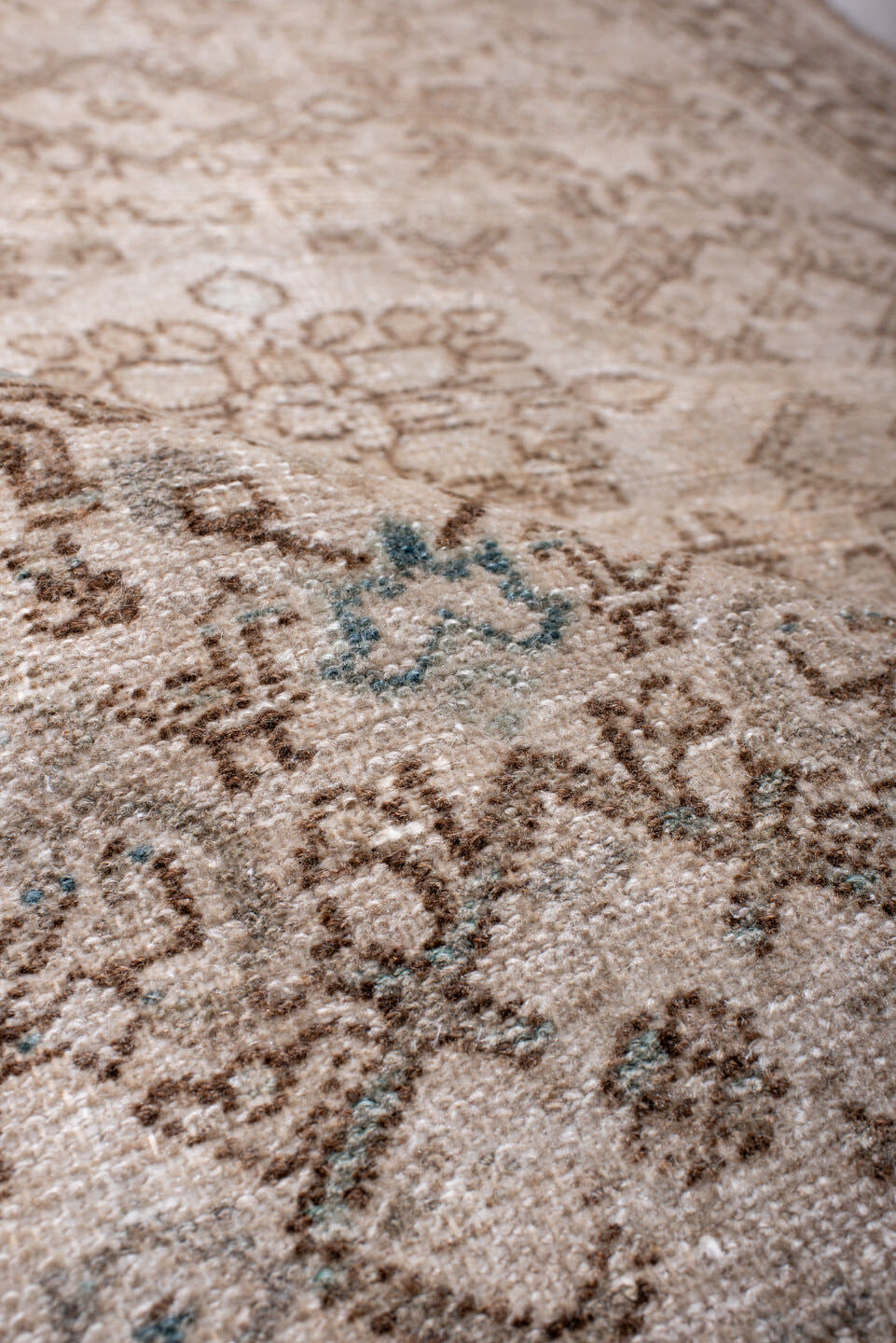 3' x 5' one-of-a-kind handmade antique Malayer small size rug. Color palette: ivory, taupe, camel, beige, pale_aqua, brown