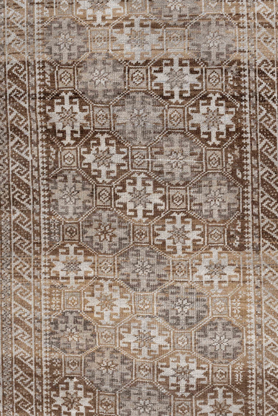 6' x 3' one-of-a-kind handmade antique Belouch rug. Color palette: camel, ivory, taupe, brown, sand, beige, gray