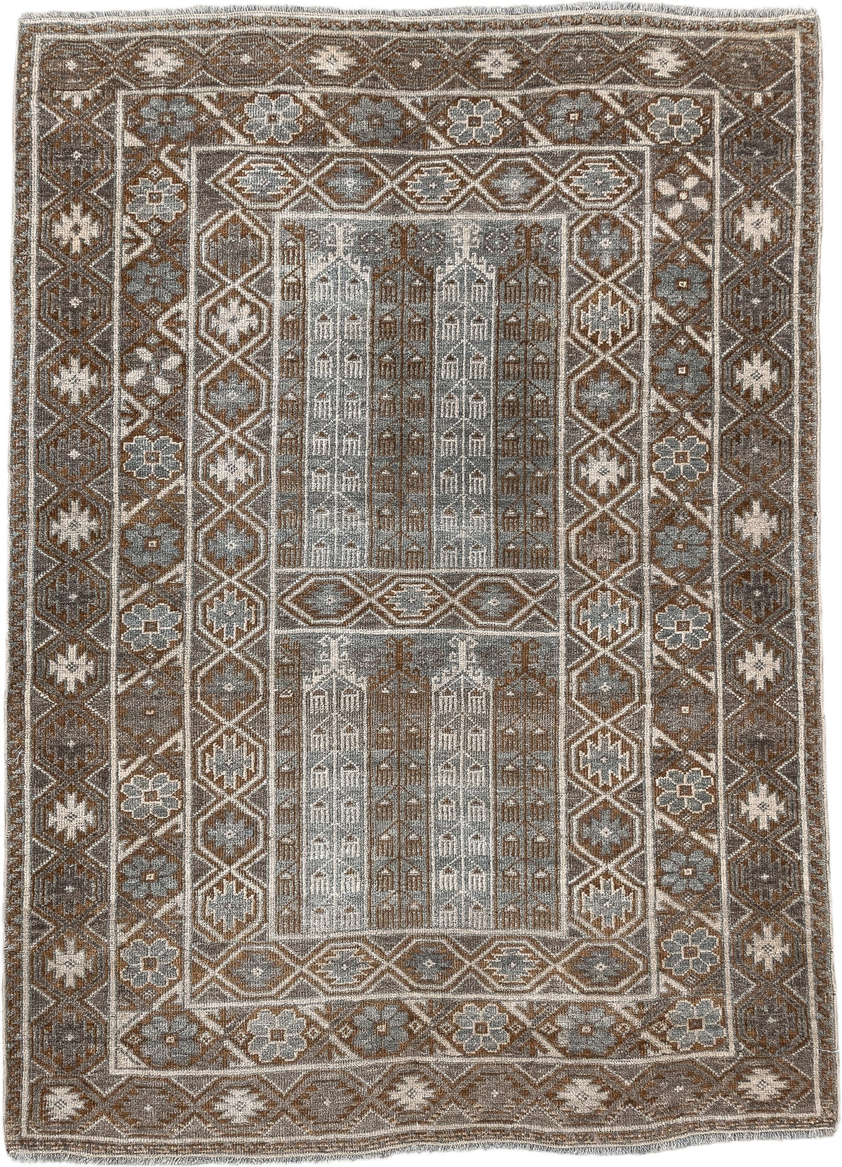3' x 4' one-of-a-kind handmade antique Belouch small size rug. Color palette: camel, taupe, ivory, brown, gray, blue gray