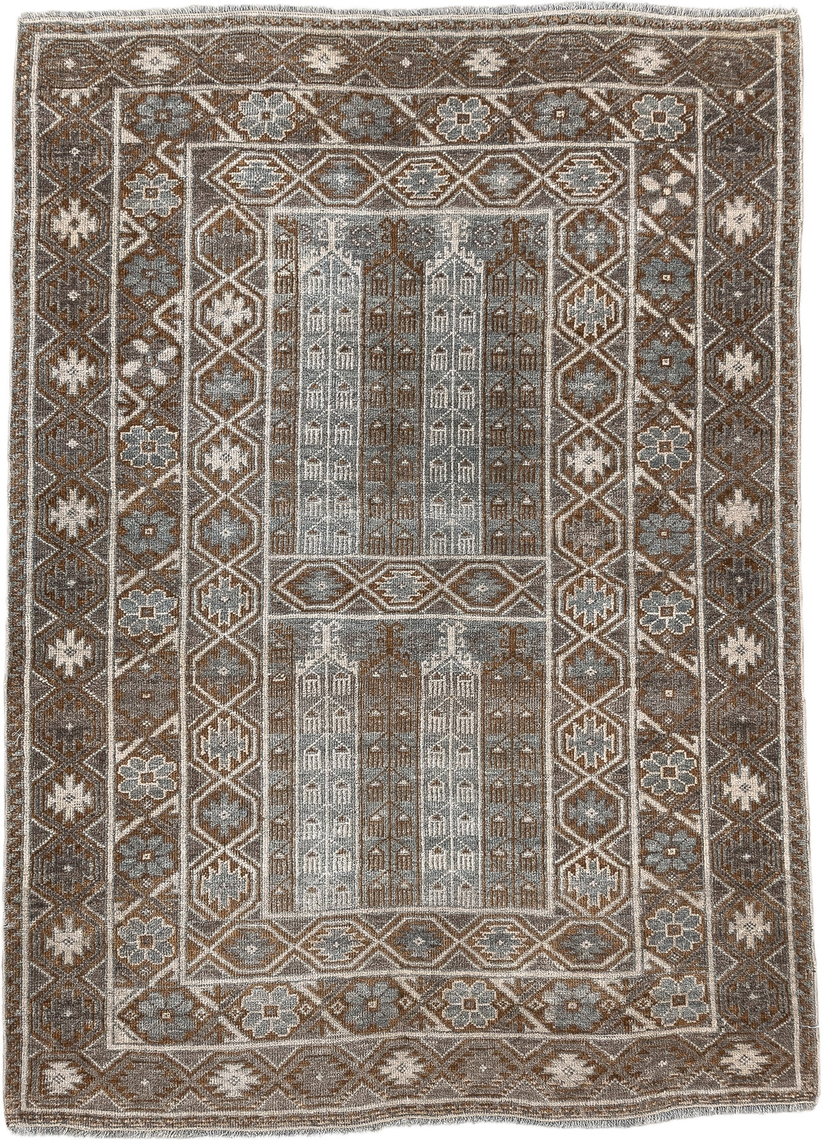 3' x 4' one-of-a-kind handmade antique Belouch small size rug. Color palette: camel, taupe, ivory, brown, gray, blue gray