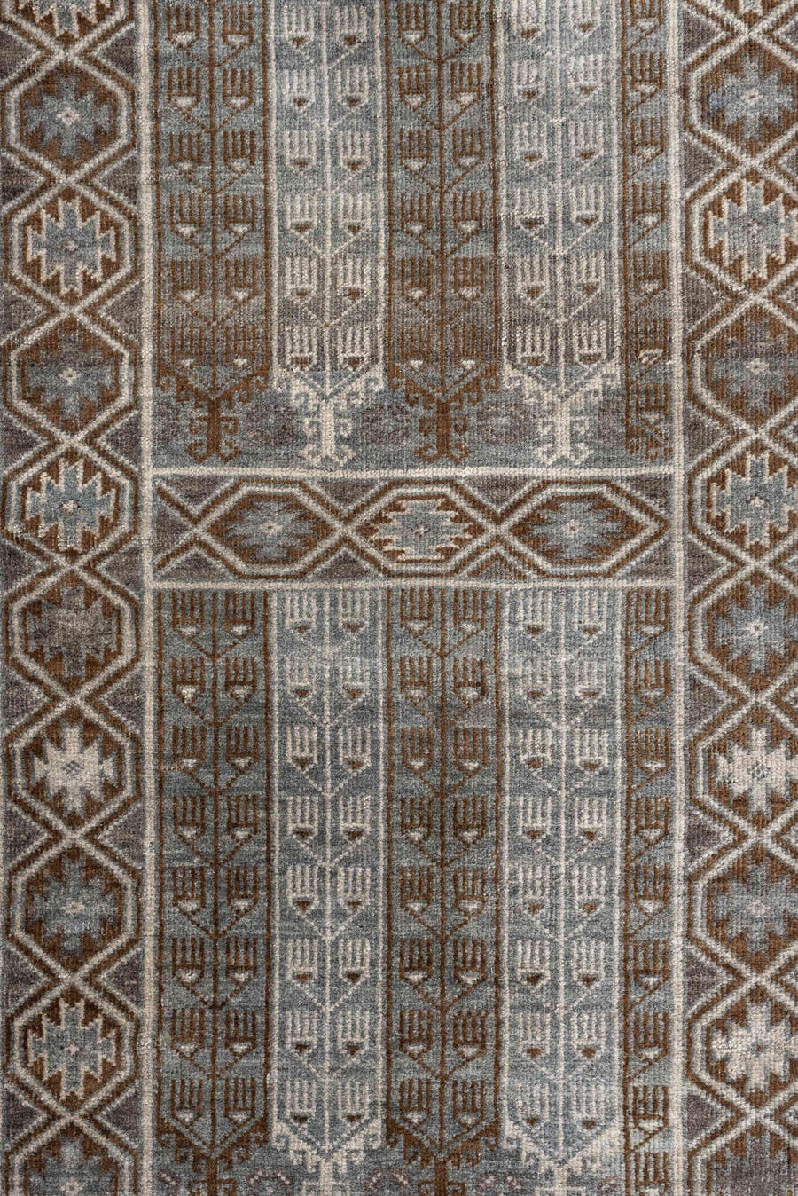 3' x 4' one-of-a-kind handmade antique Belouch small size rug. Color palette: camel, taupe, ivory, brown, gray, blue gray