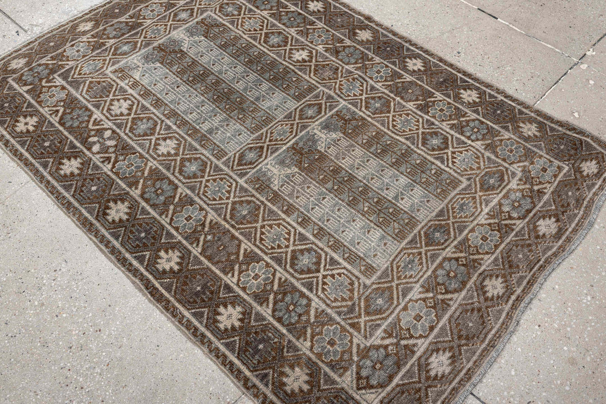 3' x 4' one-of-a-kind handmade antique Belouch small size rug. Color palette: camel, taupe, ivory, brown, gray, blue gray
