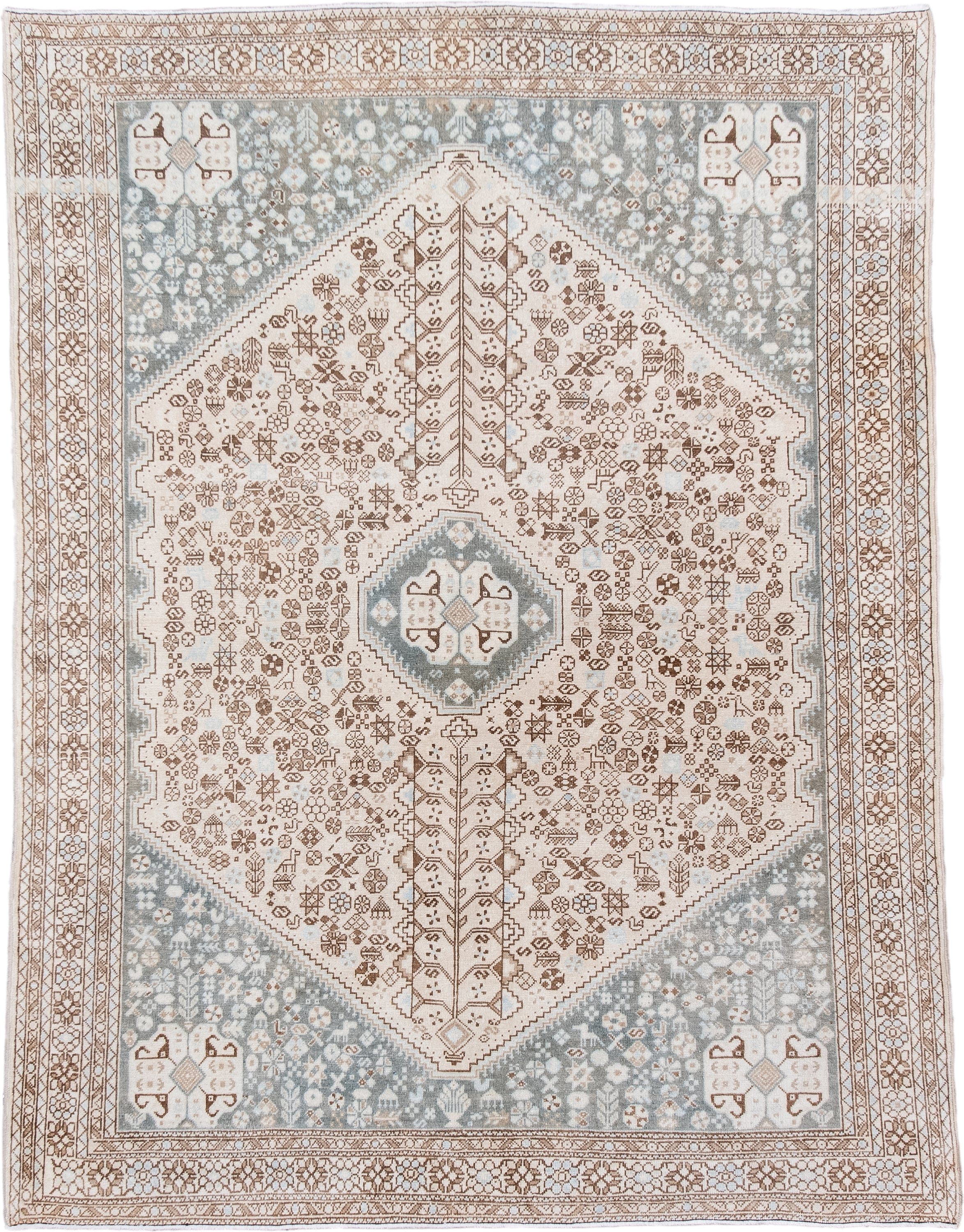 4' x 6' one-of-a-kind handmade antique Joshegan small size rug. Color palette: ivory, taupe, pale blue, camel, light gray