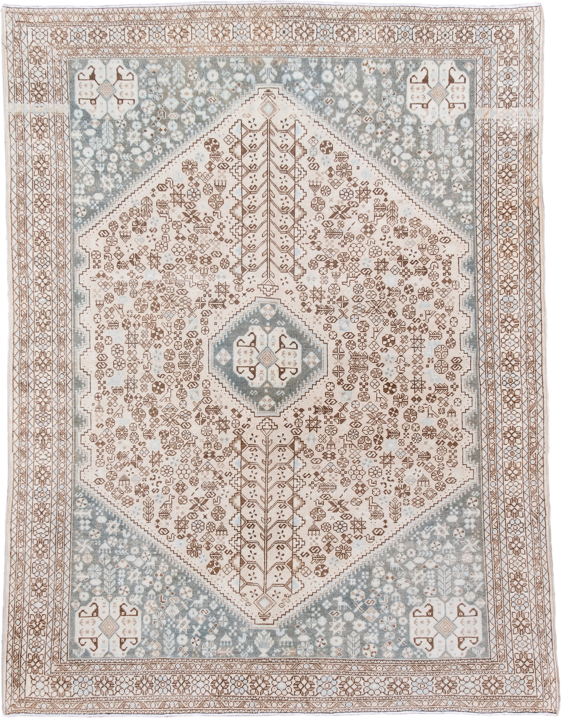 4' x 6' one-of-a-kind handmade antique Joshegan small size rug. Color palette: ivory, taupe, pale blue, camel, light gray