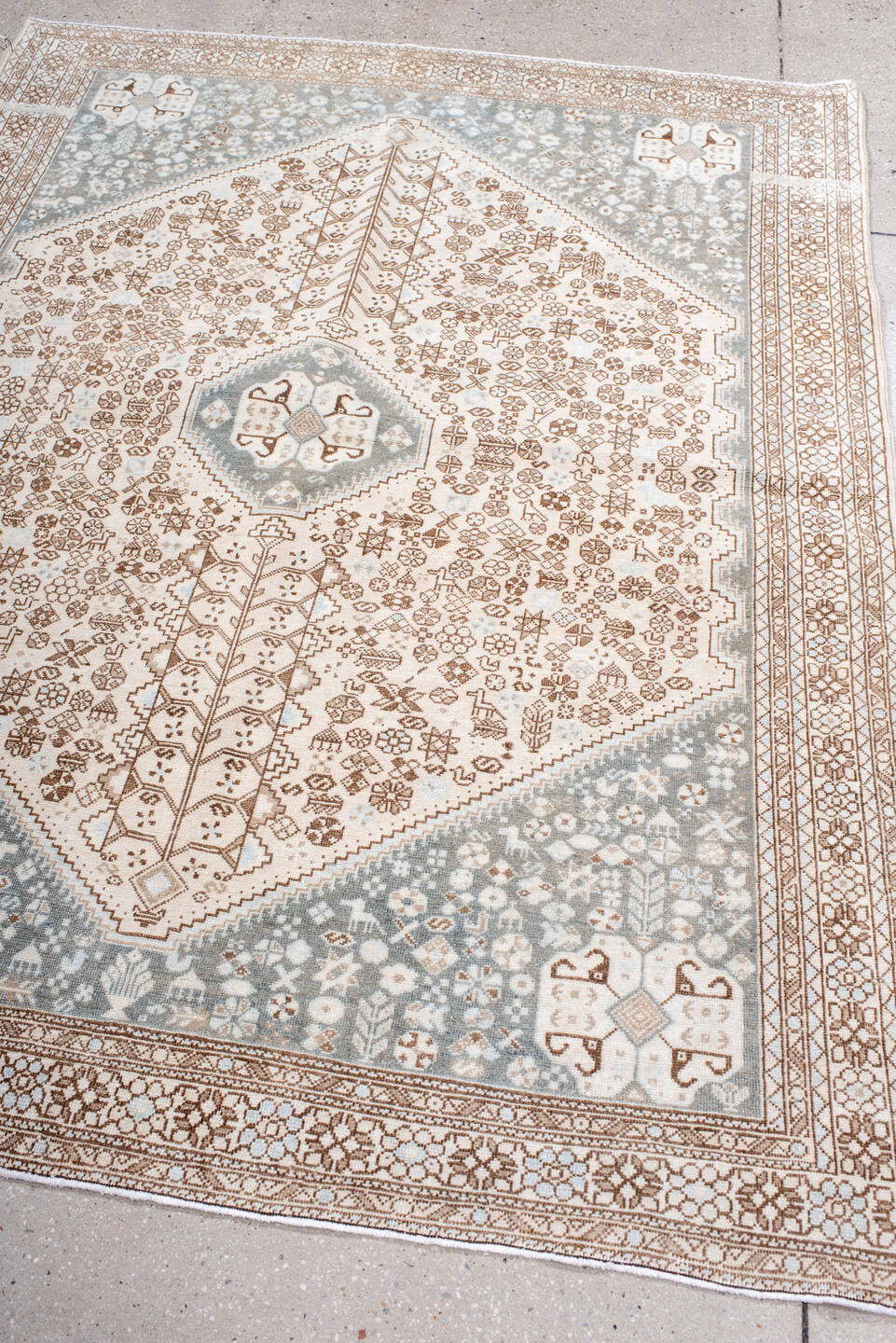 4' x 6' one-of-a-kind handmade antique Joshegan small size rug. Color palette: ivory, taupe, pale blue, camel, light gray