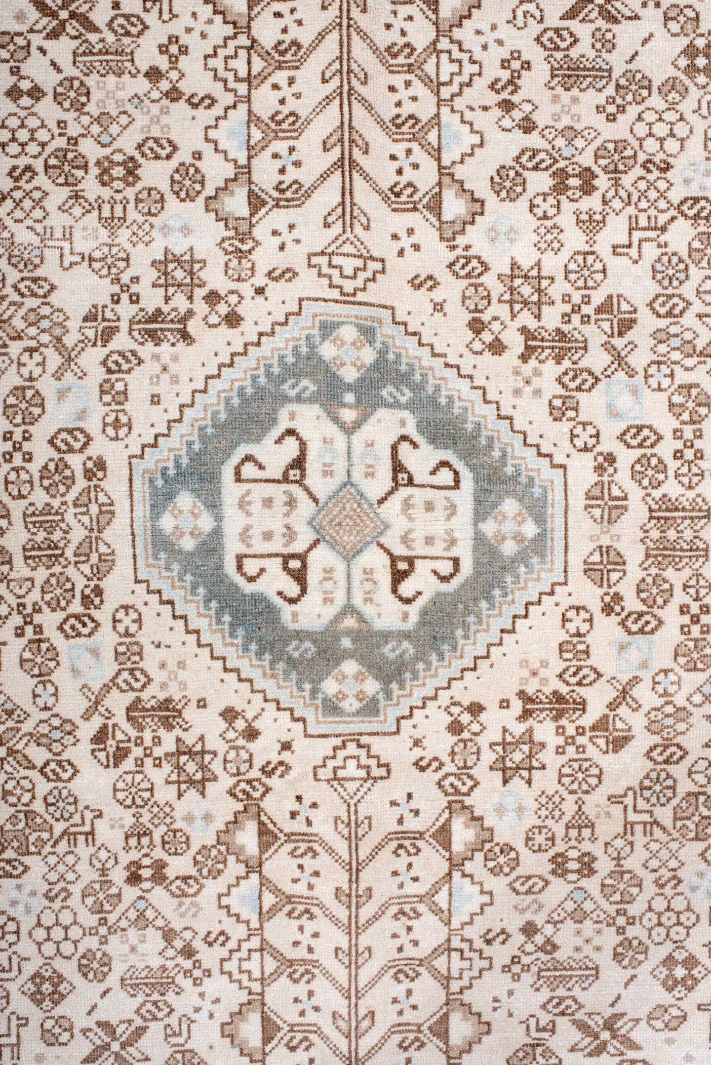 4' x 6' one-of-a-kind handmade antique Joshegan small size rug. Color palette: ivory, taupe, pale blue, camel, light gray