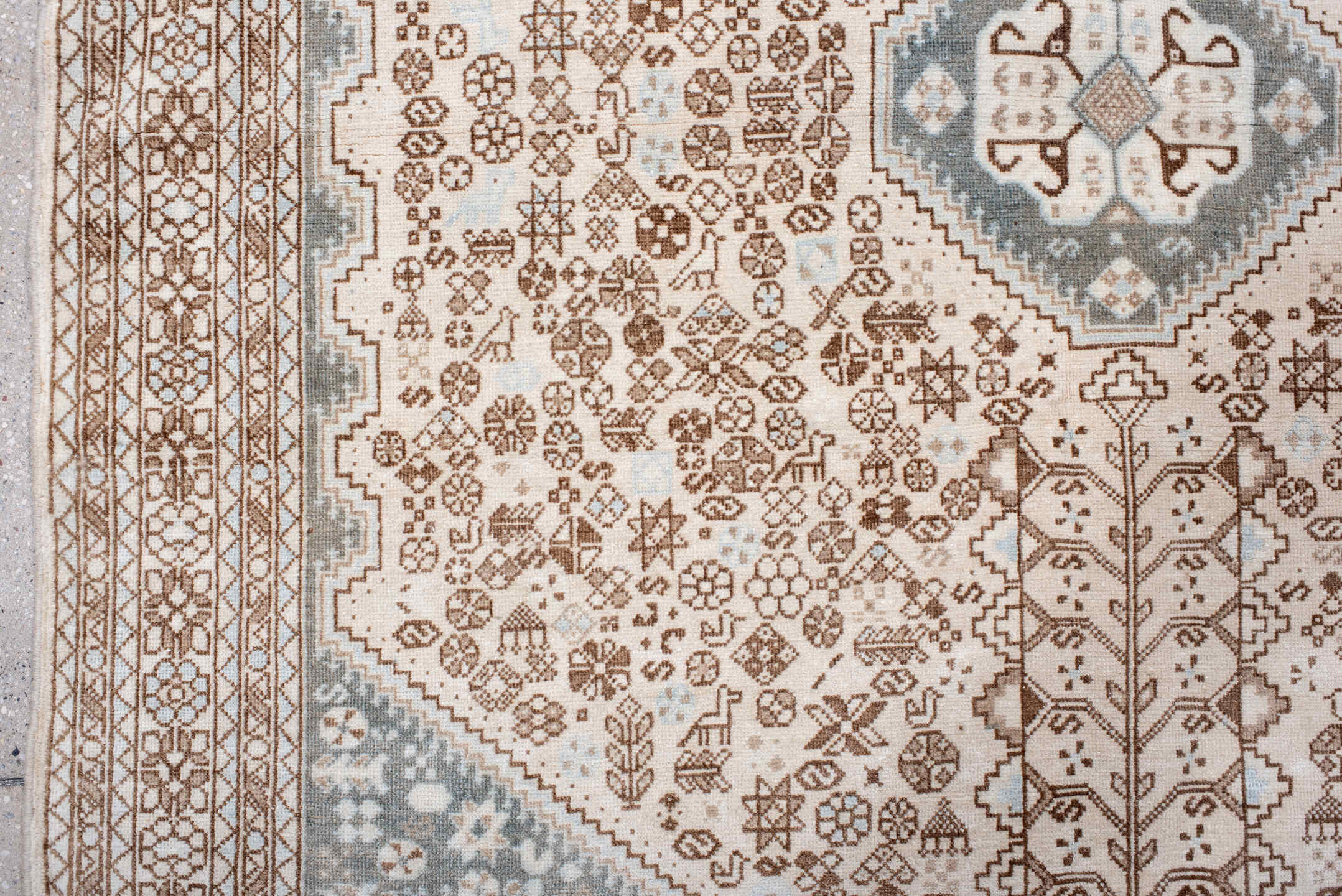 4' x 6' one-of-a-kind handmade antique Joshegan small size rug. Color palette: ivory, taupe, pale blue, camel, light gray