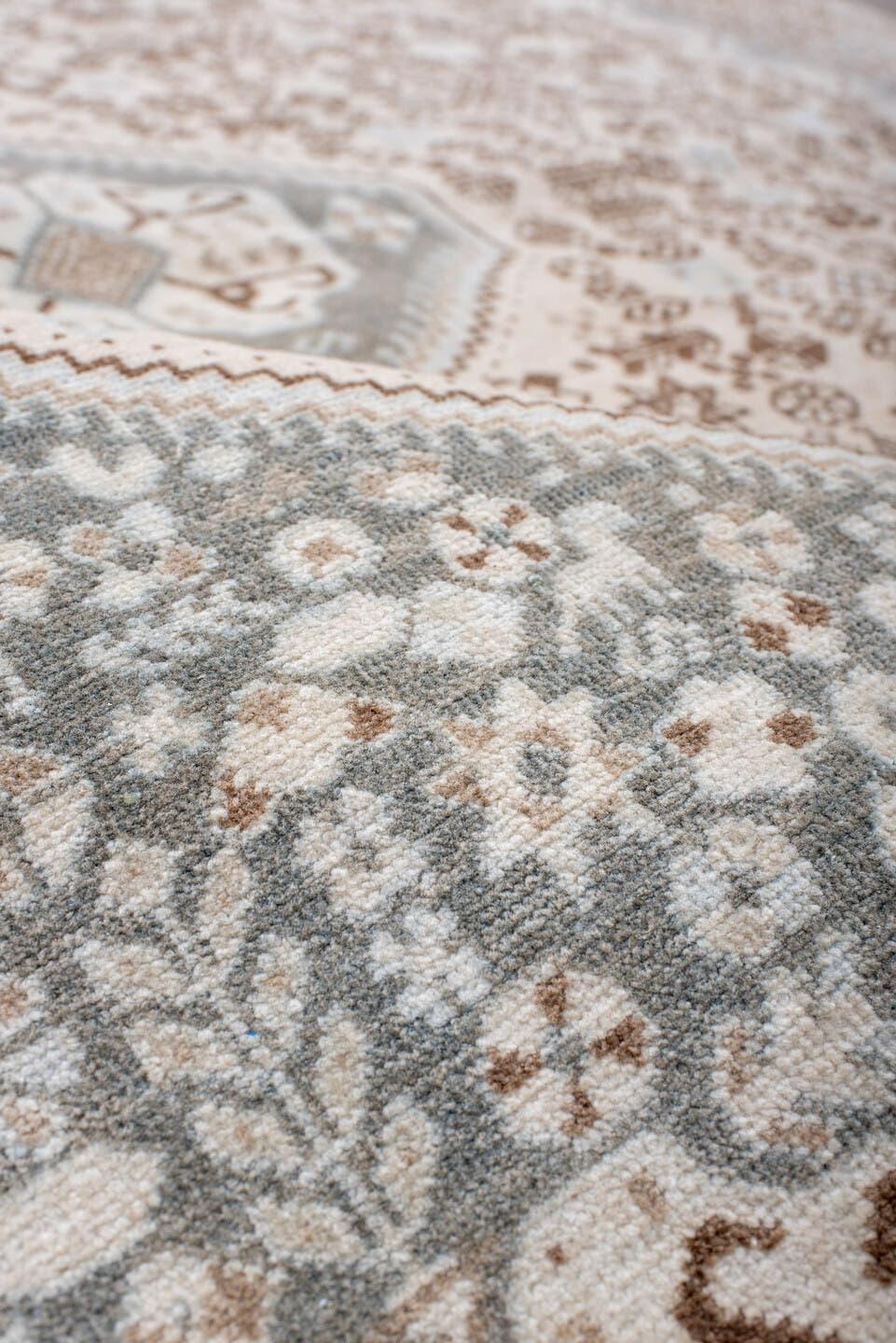 4' x 6' one-of-a-kind handmade antique Joshegan small size rug. Color palette: ivory, taupe, pale blue, camel, light gray