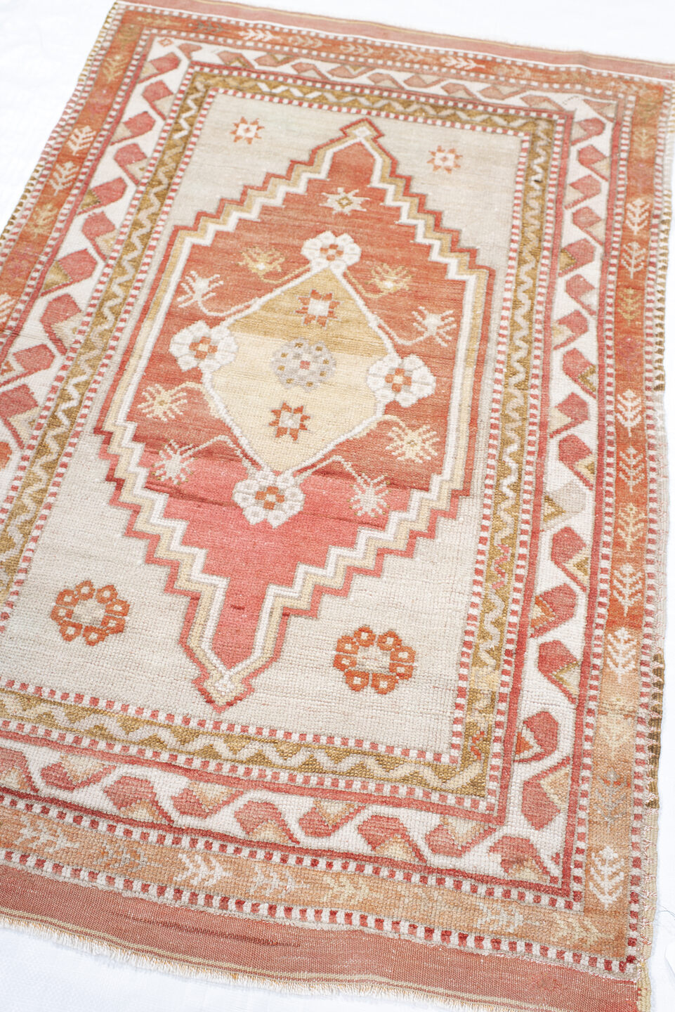 3' x 4' one-of-a-kind handmade vintage Anatol small size rug. Color palette: brown, dark salmon, gainsboro, gray, light gray