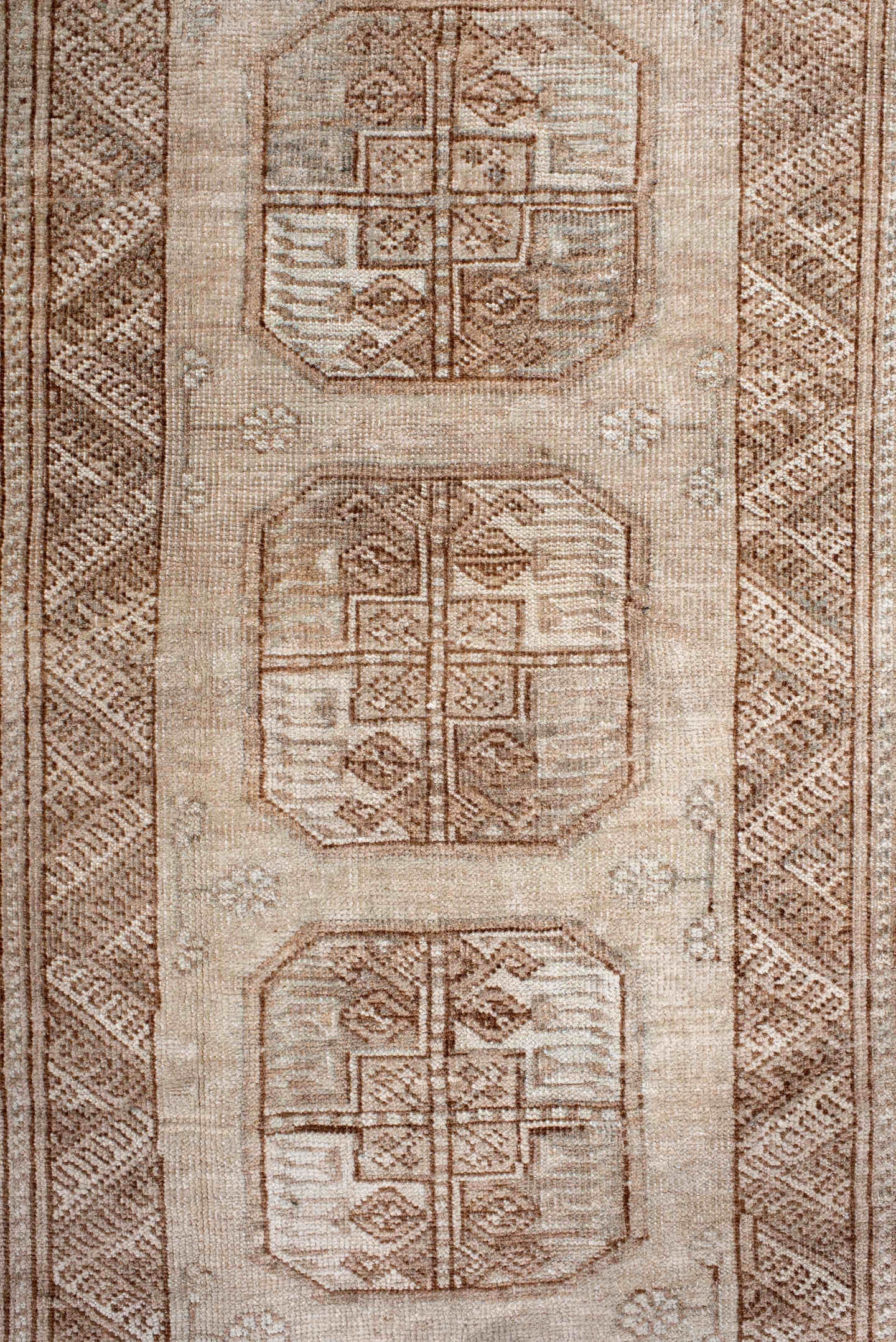 3' x 6' one-of-a-kind handmade antique Afghan small size rug. Color palette: camel, ivory, taupe, beige, sand, gray